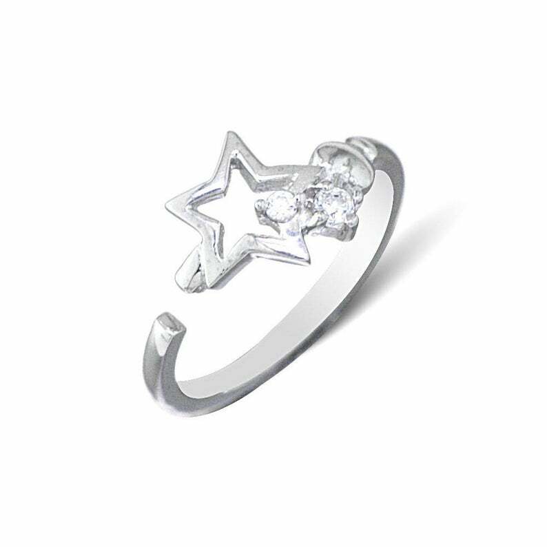 925 Sterling Silver Round White CZ Stone Star Fashion Adjustable Toe Ring sb85