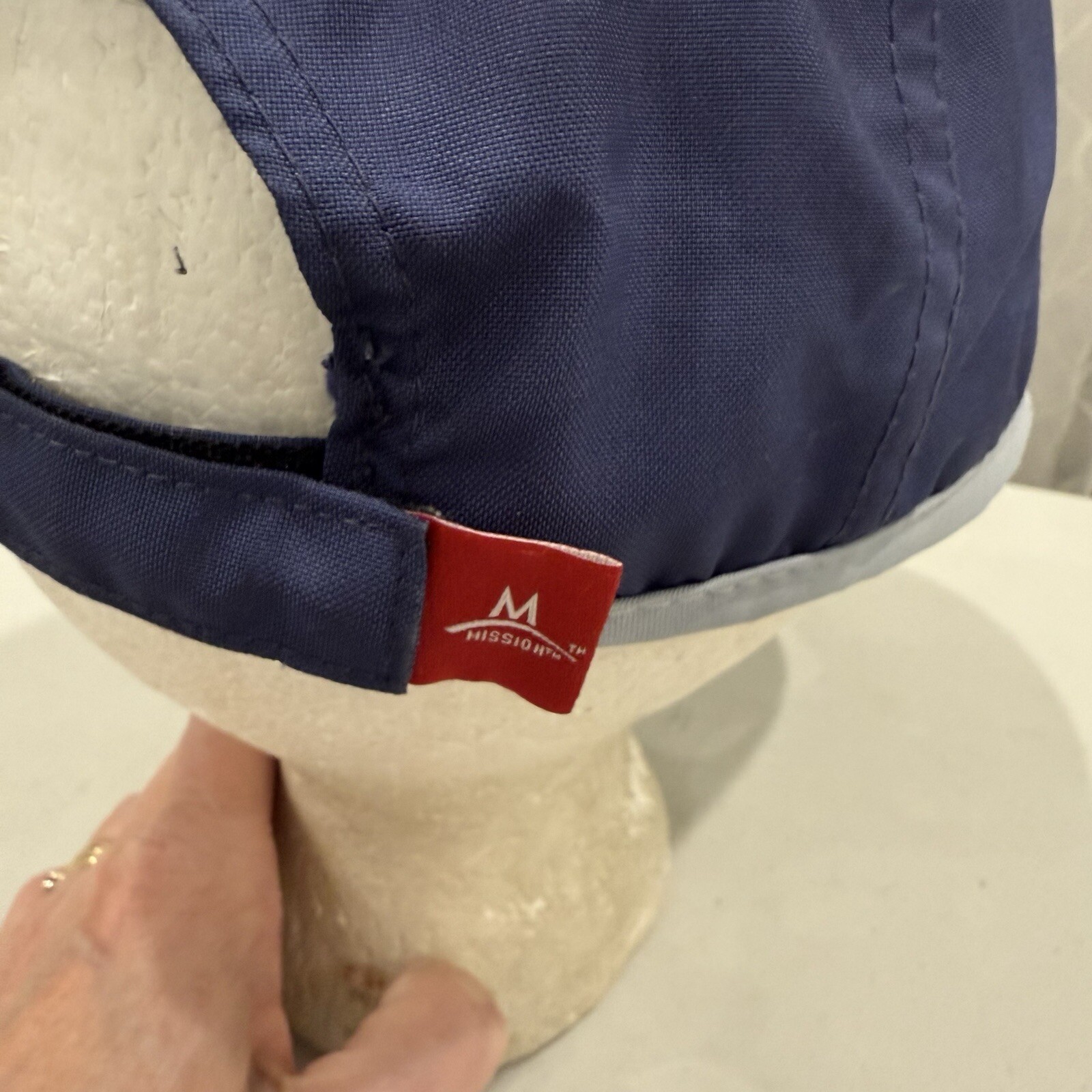 Mission M on BLue w Gray Hat Cap Light Weight Hook Loop EUC