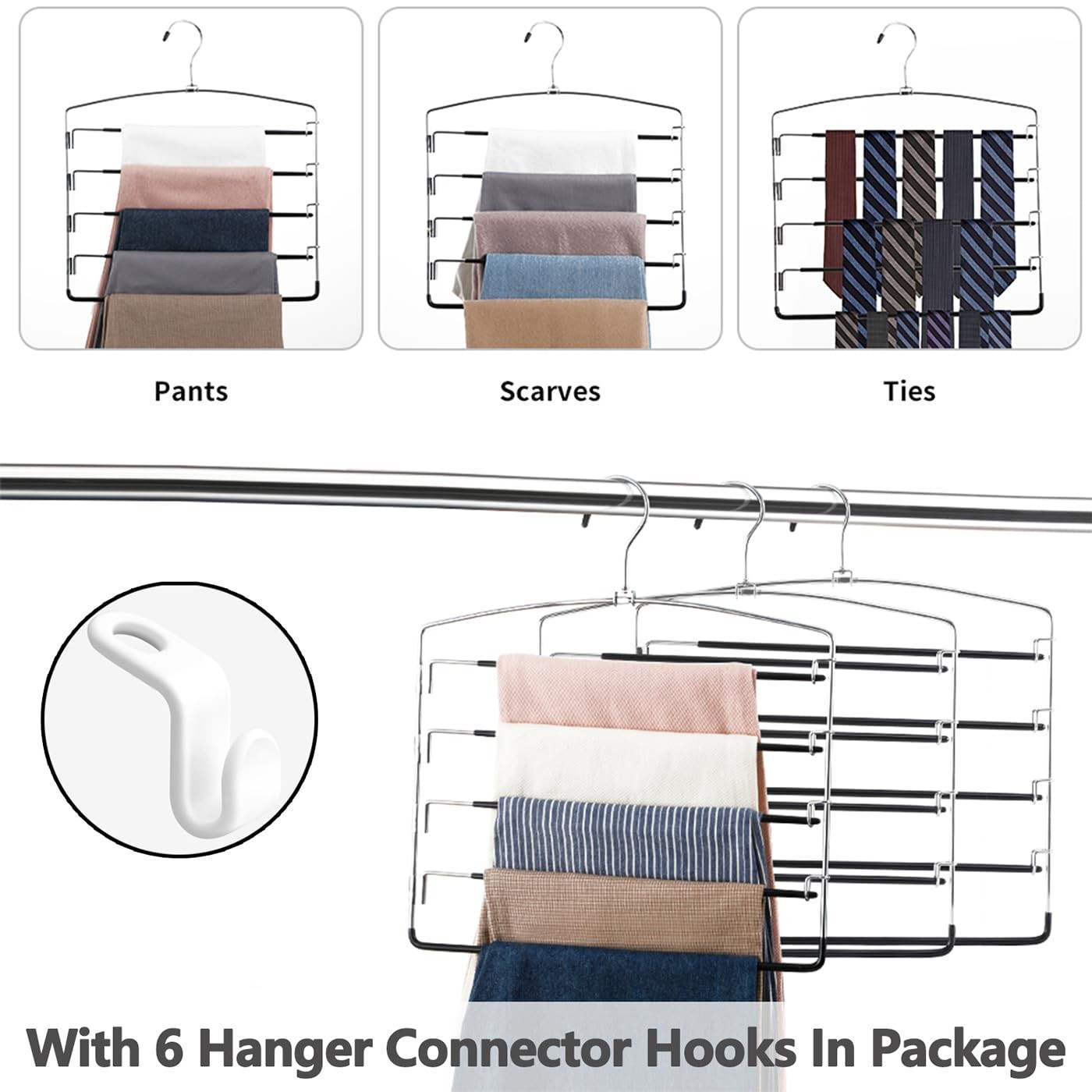 Pants Hangers Non Slip 6 Pack Space Saving Hangers Multi-Layer Swing Arm Pant...