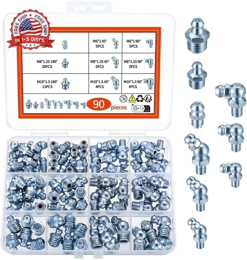 90Pcs Metric Grease Fittings Kit,Straight and Angled Grease Zerk Kit, M6 M8 M10