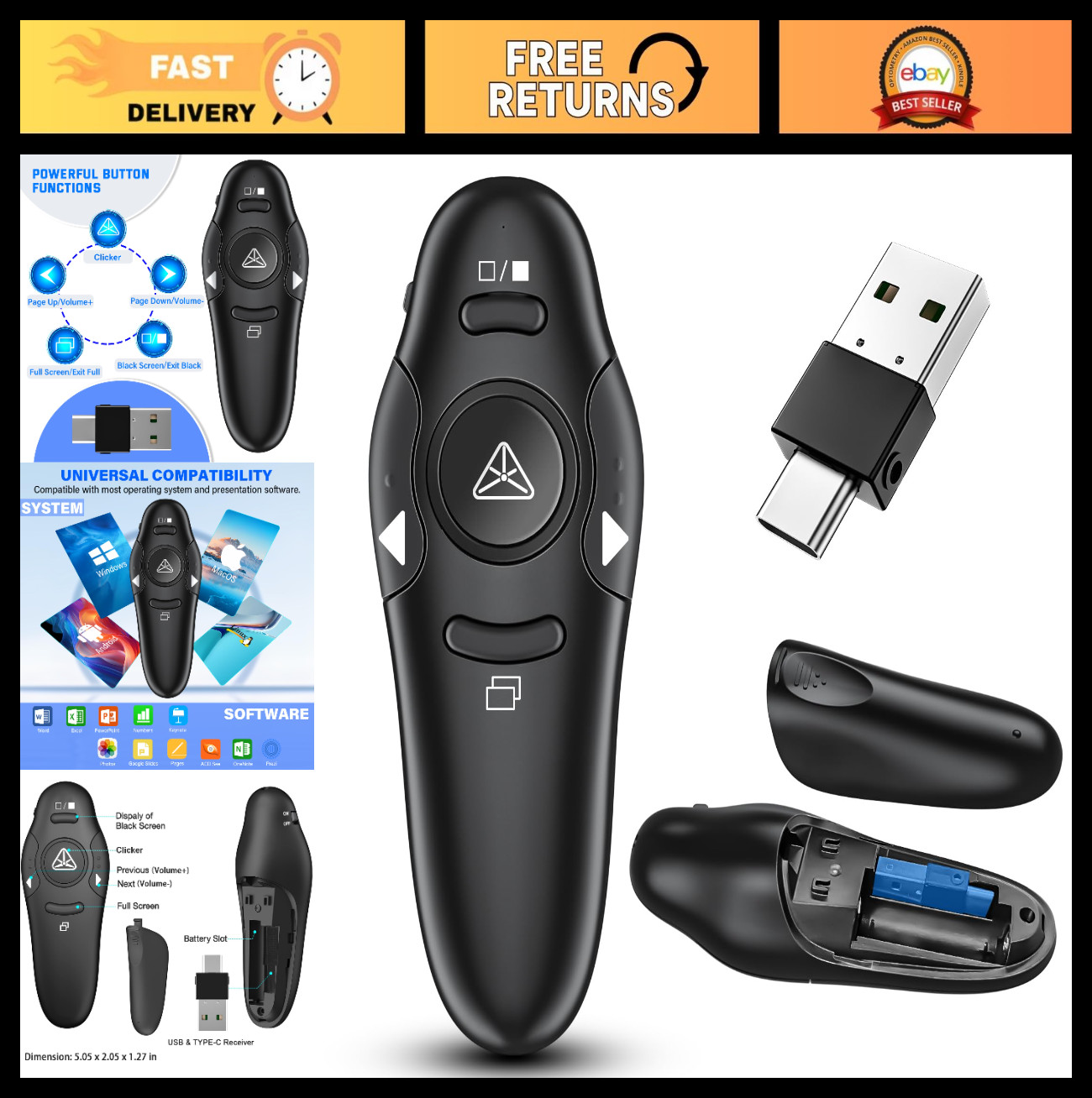 2-in-1 Wireless USB Type C Presentation Clicker Remote for PowerPoint Slides Adv