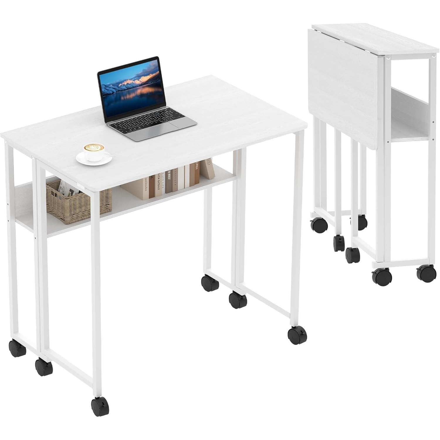 Folding Desk Rolling Desk with Storage Shelf Mobile Computer Desk with Wheels