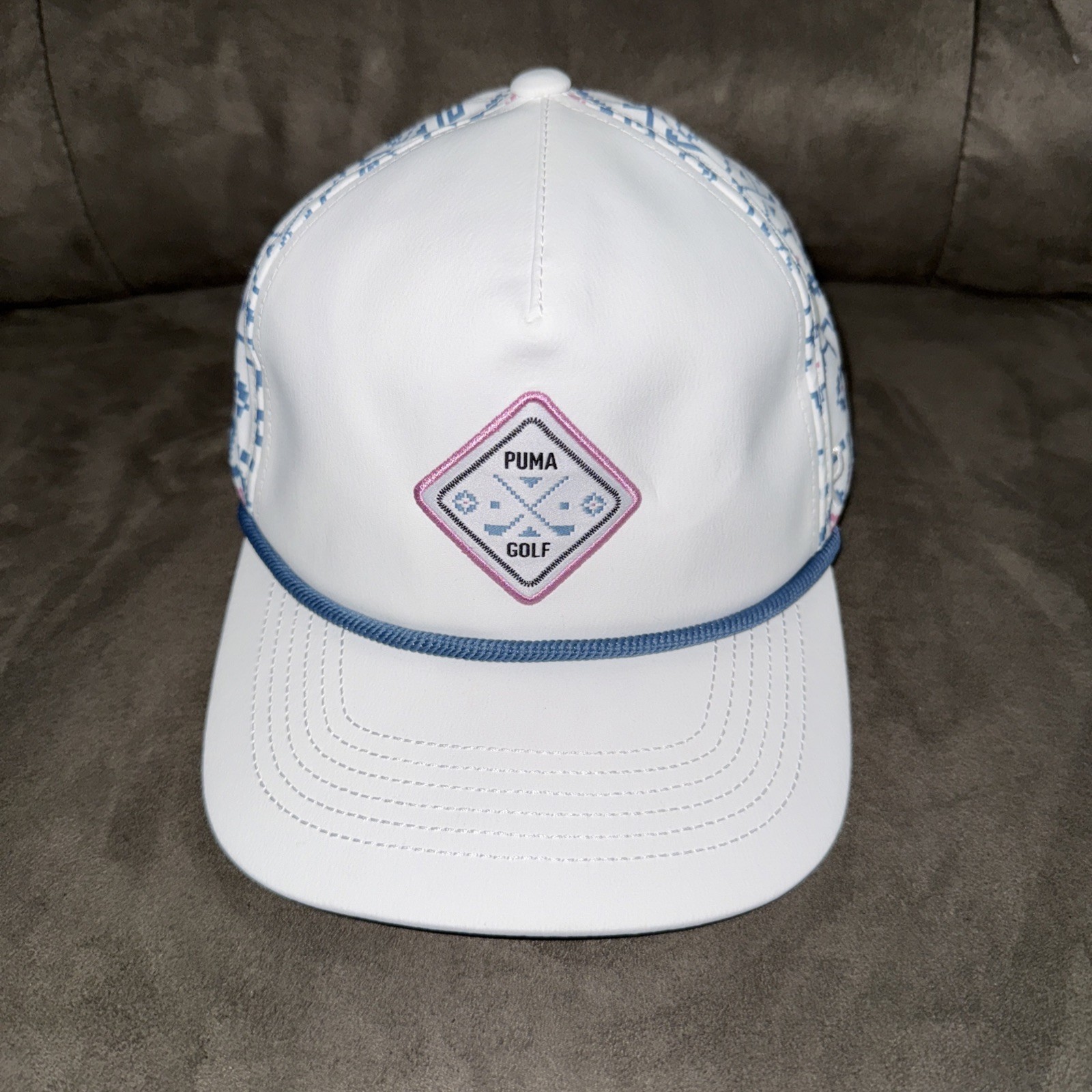 NWT PUMA Men's 5-Panel Tech Snapback Golf Hat Cap White/Glow Blue