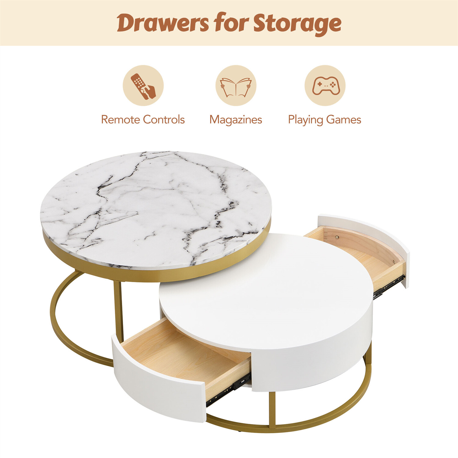 Modern Round Nesting Coffee Table Center Cocktail Table End Table w/ 2 Drawer