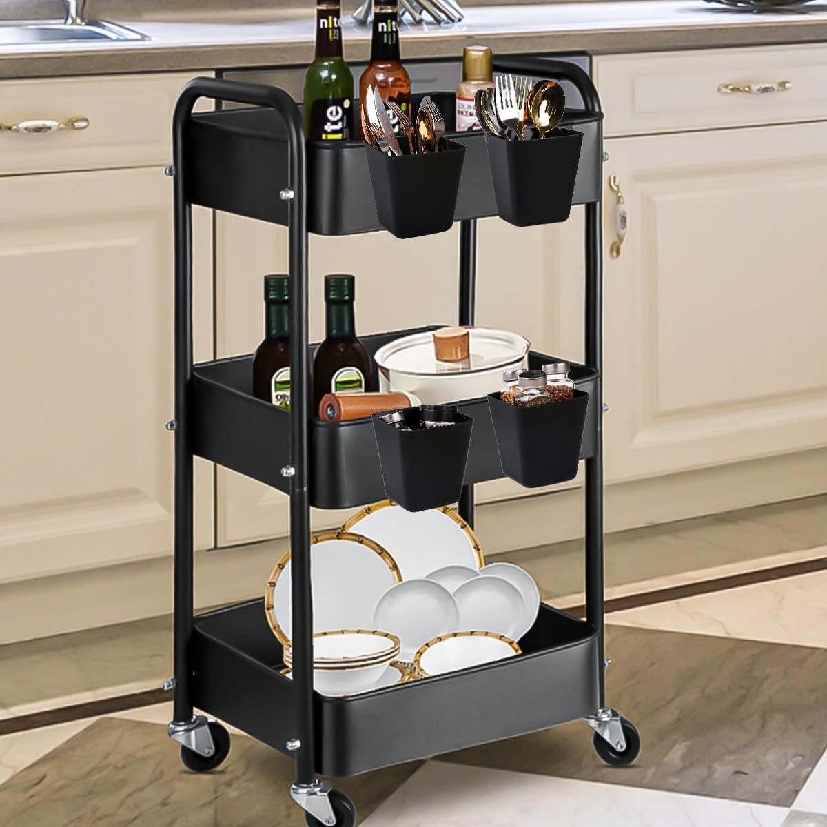 Hanging Cup Holders, 8 Pk - Multipurpose Rolling Utility Cart Accessories, Black