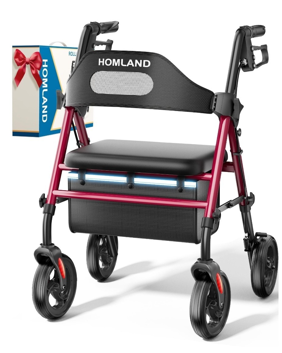 Foldable Rollator Walkers with Seat for Seniors, 8'' Big Wheels, 350 lb. Weight,