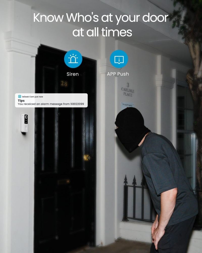 Doorbell Camera Wireless No Subscription, 180° Head to Toe View, 2-Way Talk