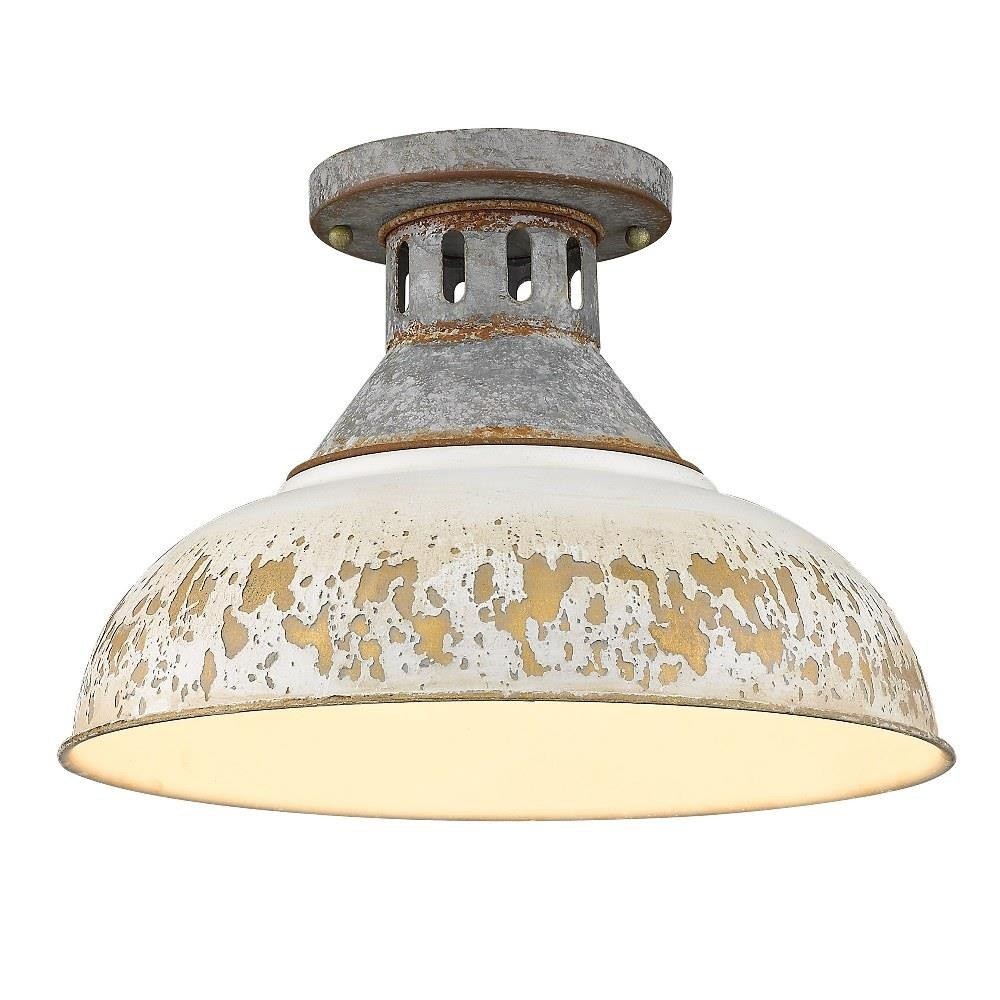 Vintage 1-Light Semi-Flush Mount in Aged Galvanized Steel with Shade in Antique