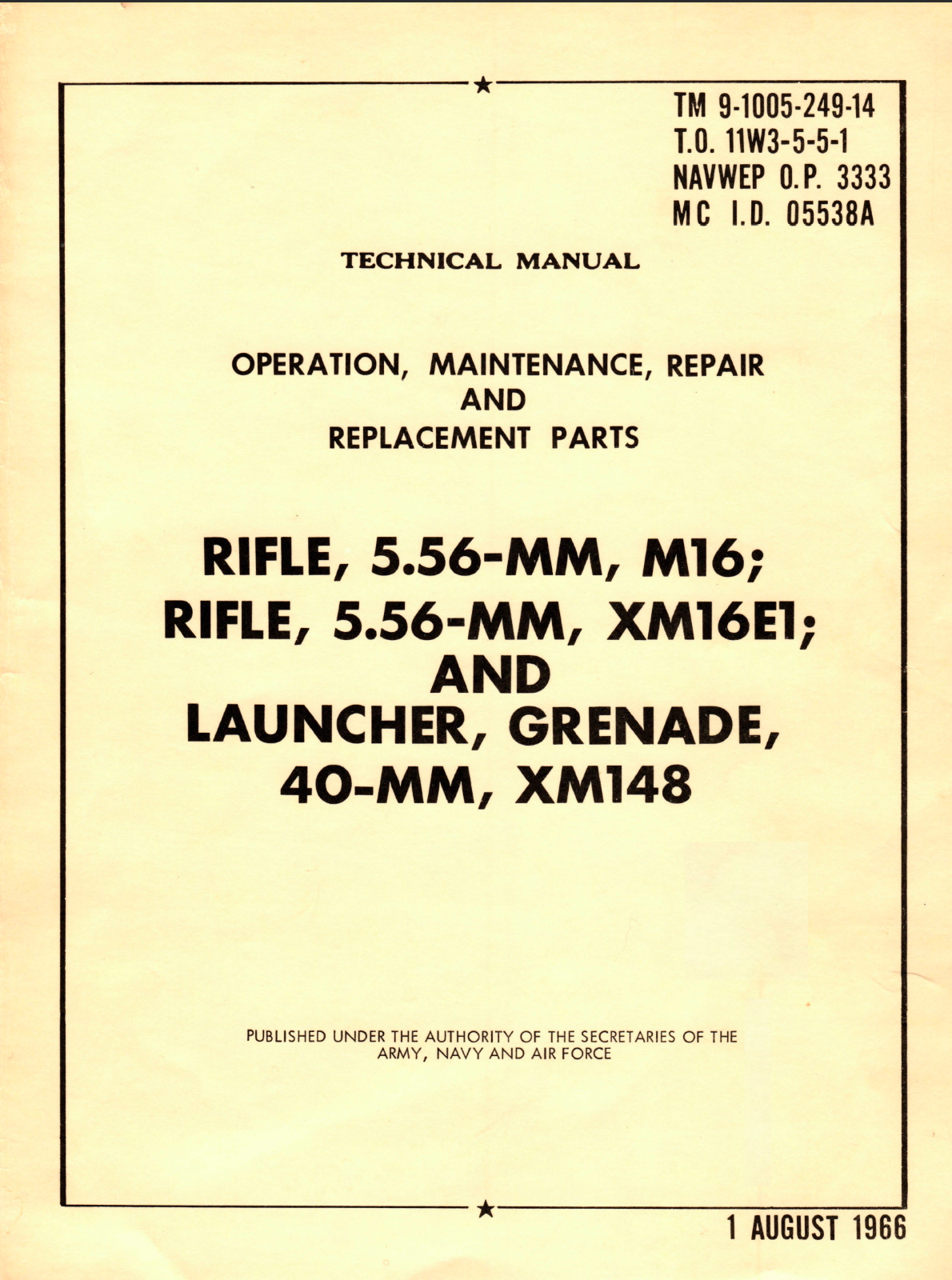 127 pg. 1966 TM 9-1005-249-14 M16 RIFLE XM148 GRENADE LAUNCHER Manual on Data CD