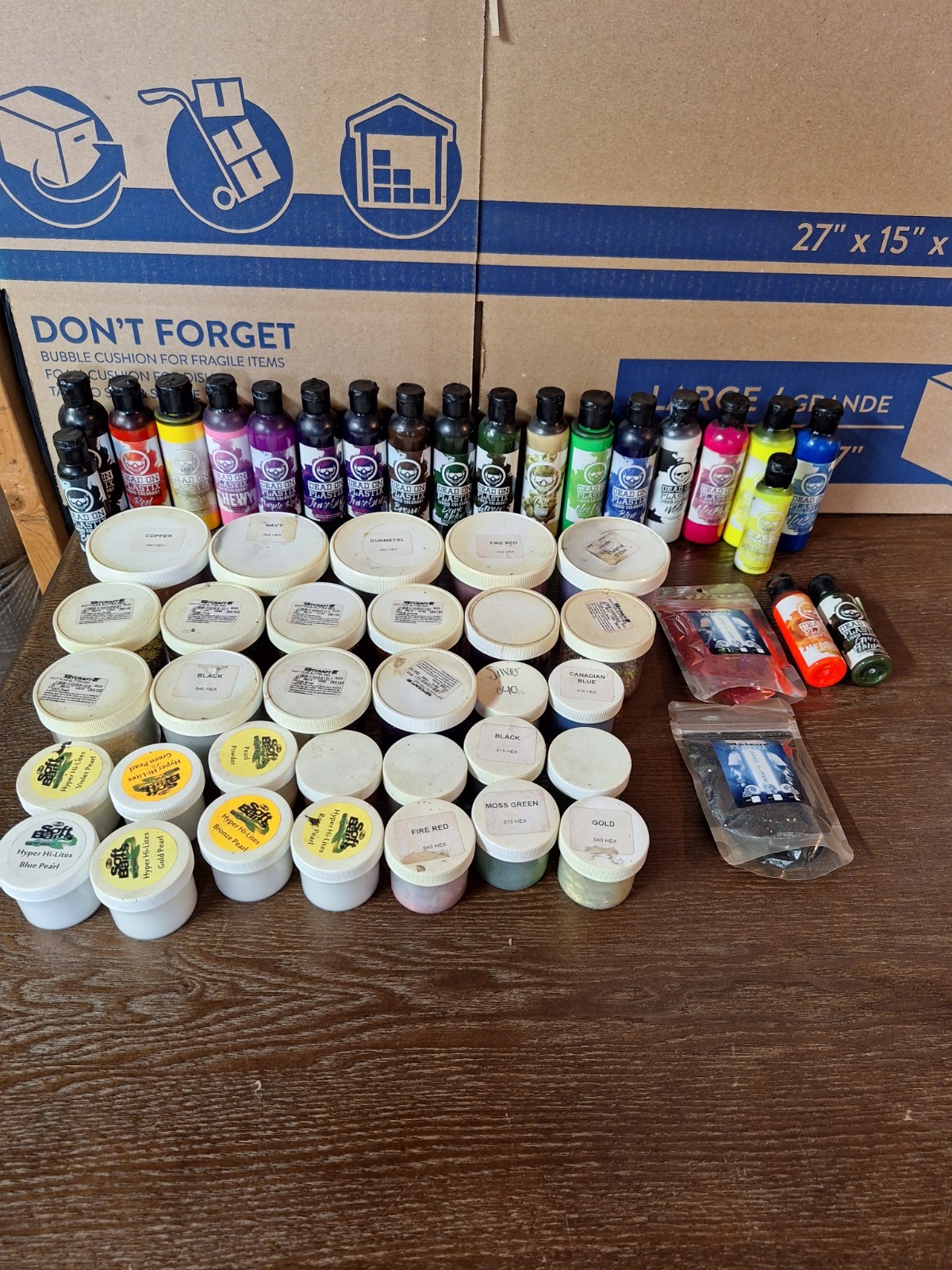 Dead on plastics colorant and multiple glitter and pearl powder multi brand lot.