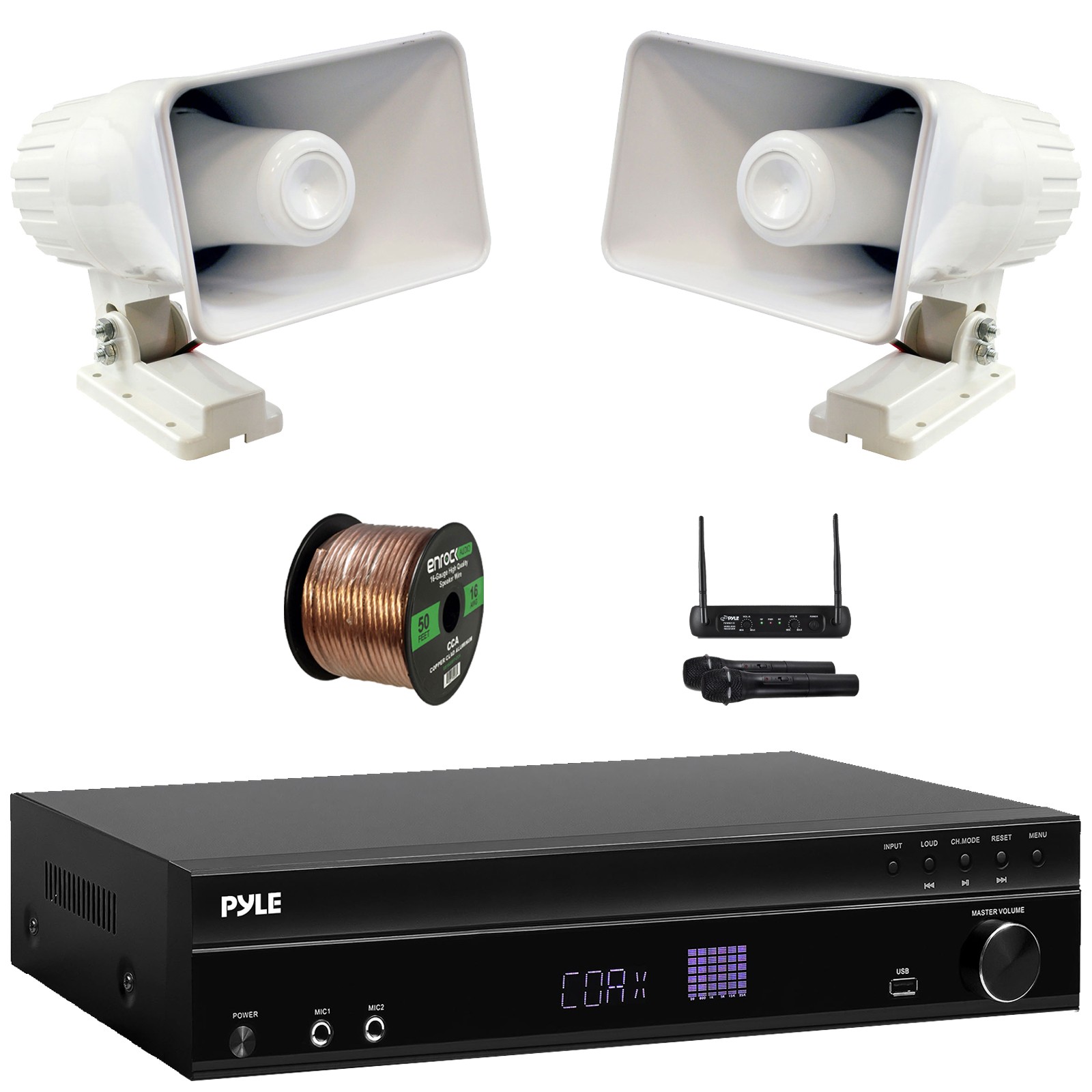 Pyle FM Radio Audio Receiver, 2x 8'' 65W Indoor PA Horn Speakers + Wireless Mic