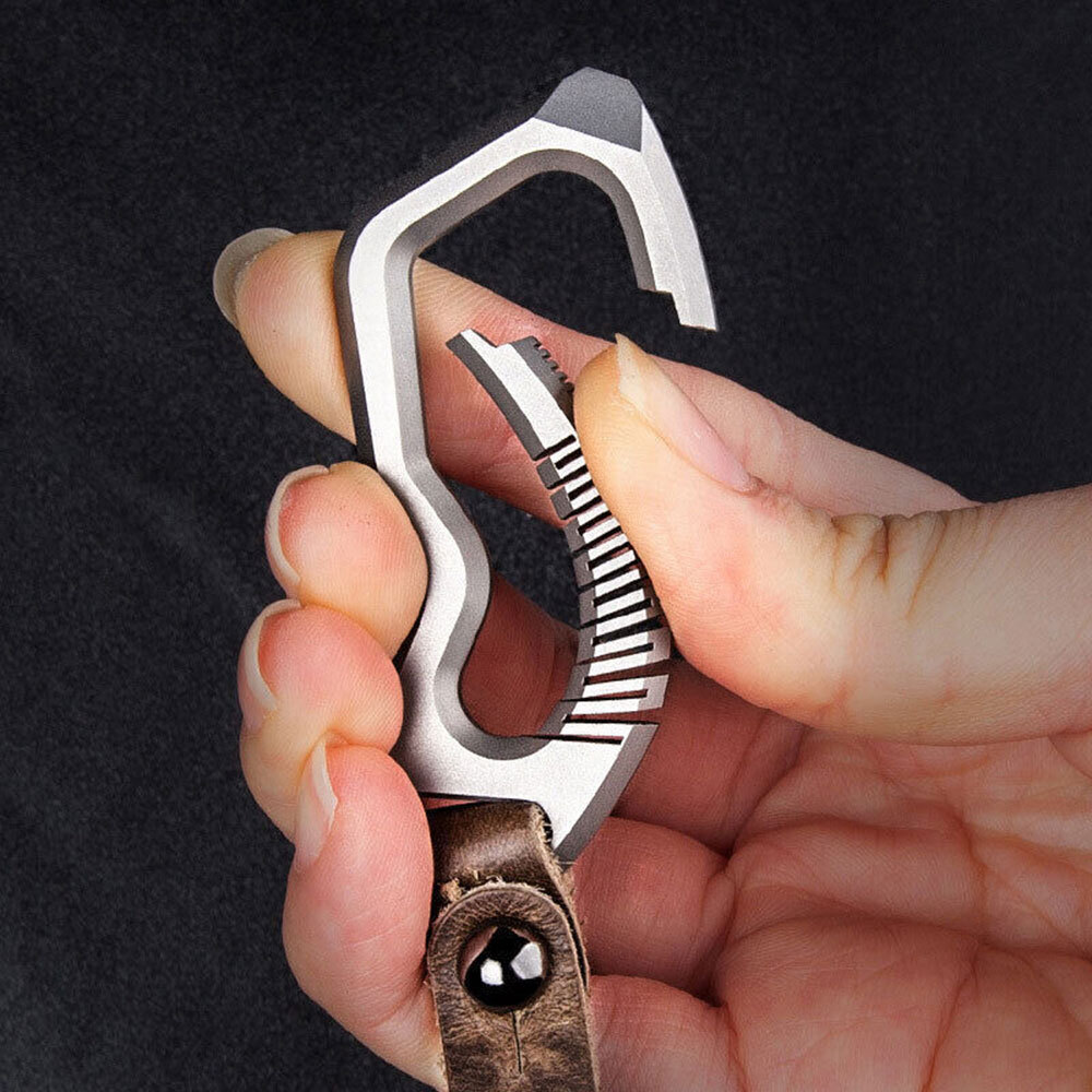 USA Titanium Alloy+Leather Portable Keychain Carabiner Crowbar Pendant EDC Tool