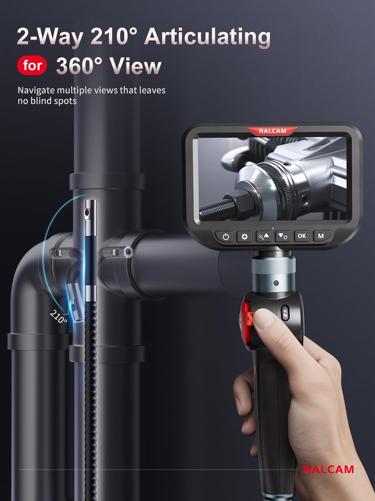 Ralcam Dual Lens Articulating Borescope Camera with Light, Slim Probe
