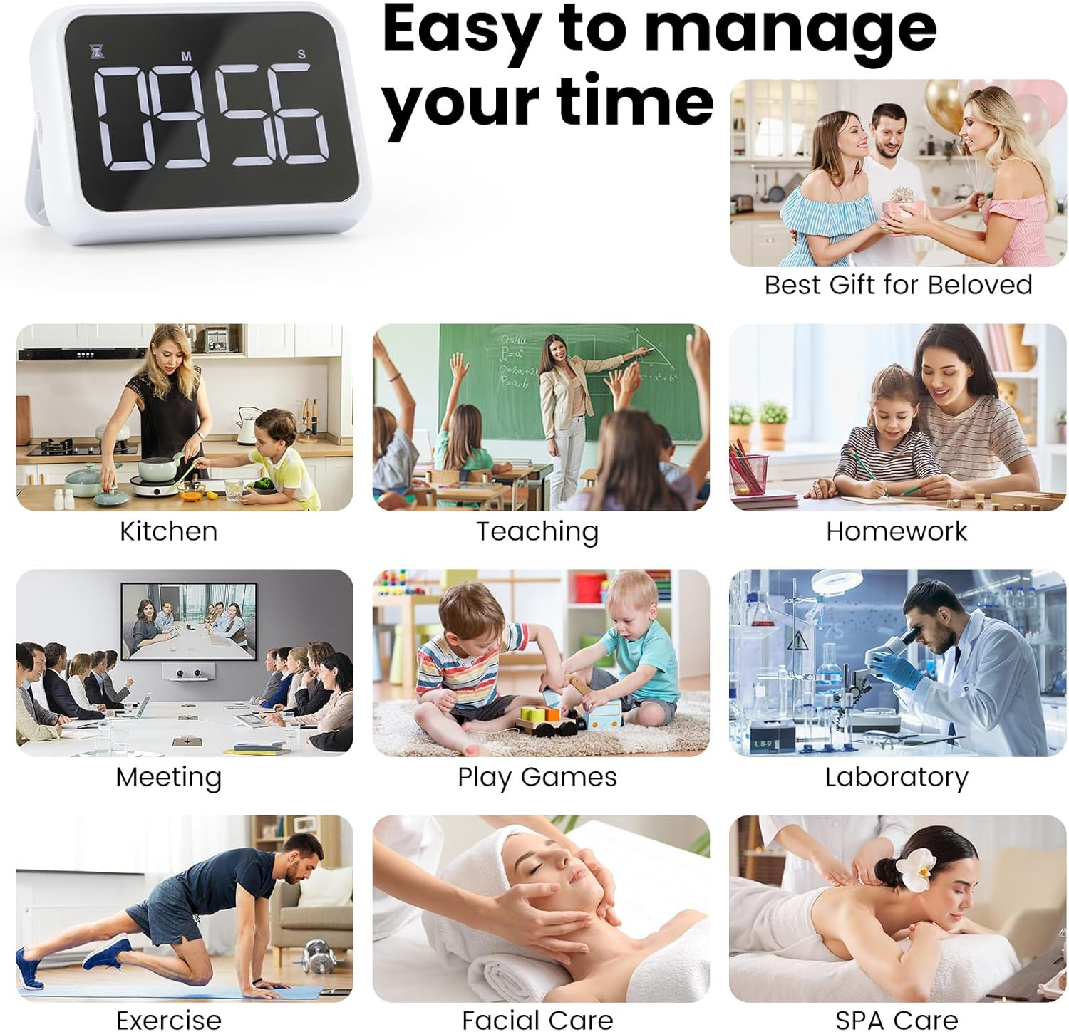 USB Rechargeable Loud Digital Kitchen Timer with Large LCD Display & Adjustab...