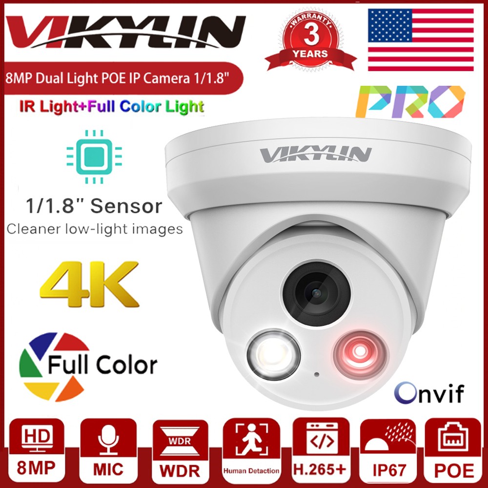 Vikylin 8MP 4K PoE IP Camera 1/1.8" Sensor Pro Series Full Color+IR Audio Metal