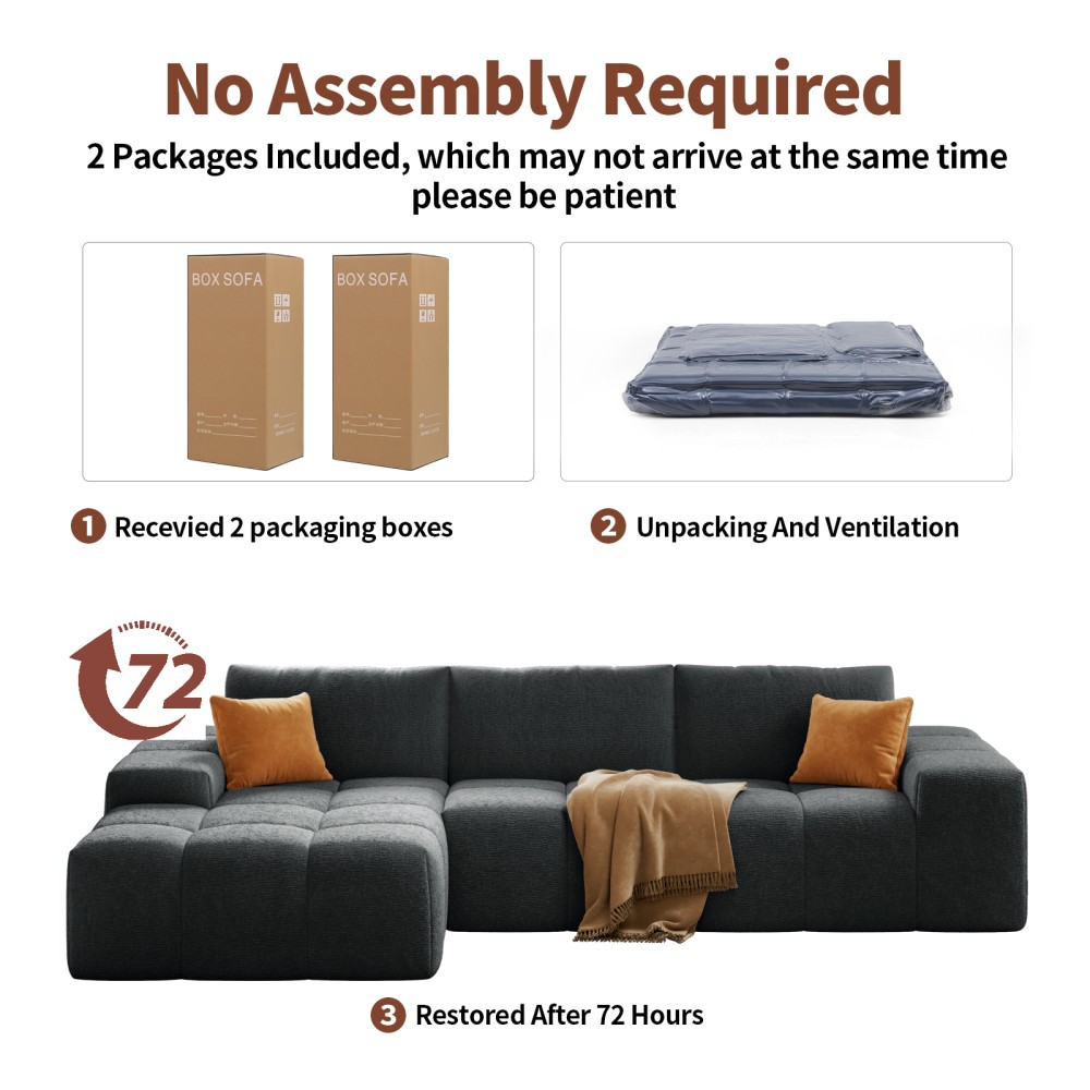 L-Shaped Modular Sofa w/ 3 Cushions, No Assembly, Soft Fabric