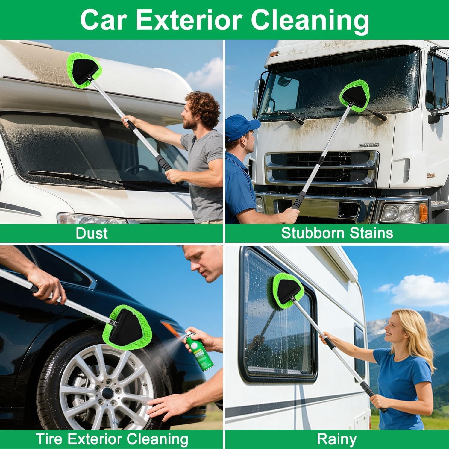 Portable Windshield Cleaner Tool with Extended Long Handle & 4 Microfiber Pads