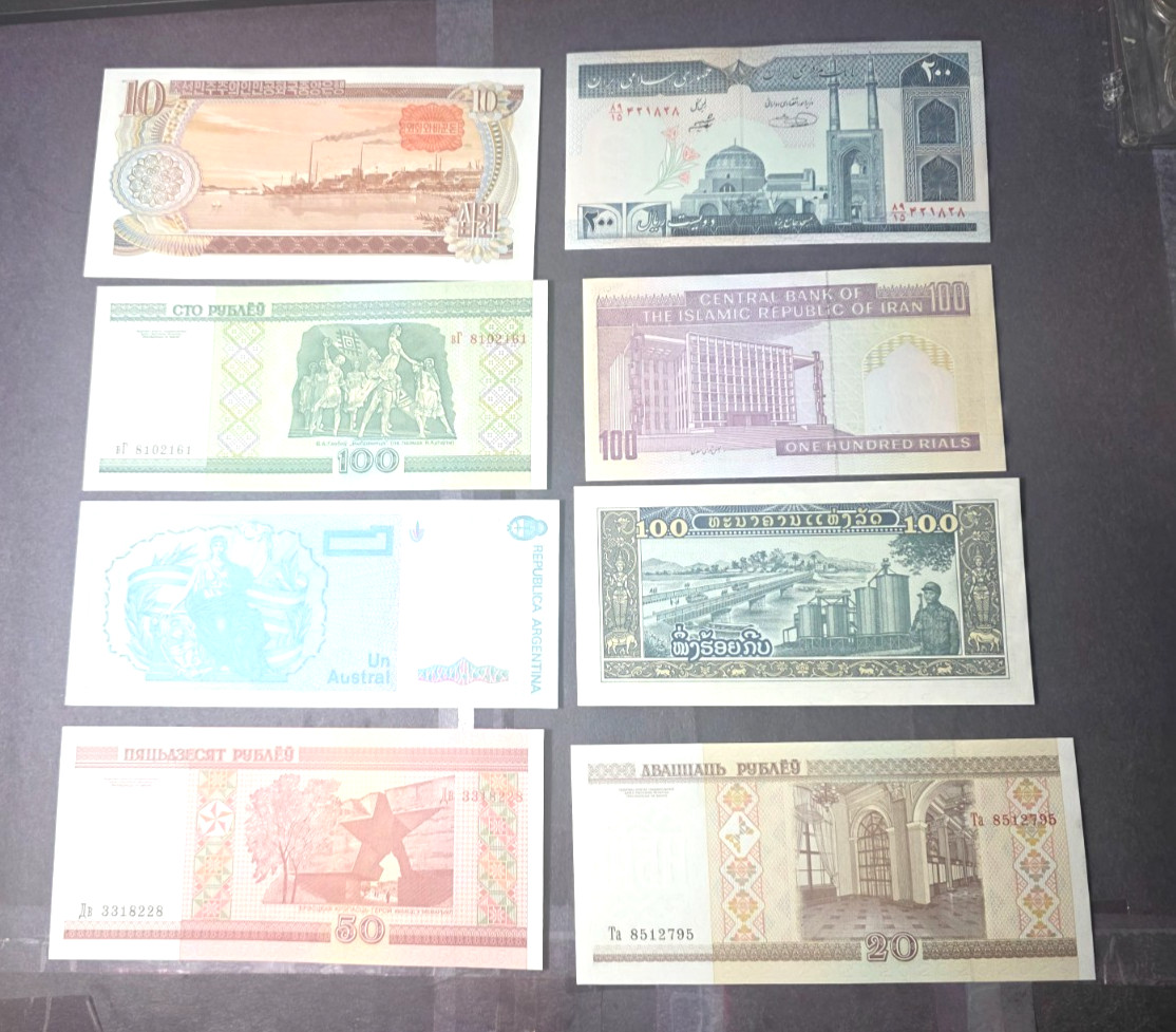 8 World foreign currency notes, Uncirculated, Crisp Condition *2
