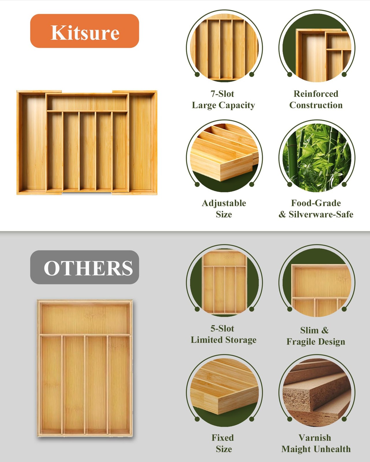Kitsure Large Bamboo Silverware Organizer - Expandable Extra Large, Natural