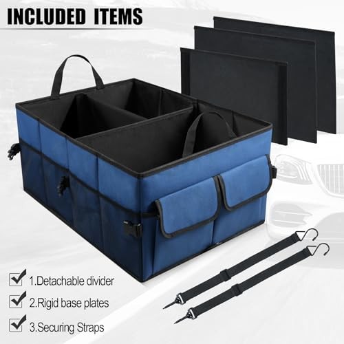 Auto Collapsible Trunk Organizer, 3 Large Compartments and 6 Pockets Dark Blue