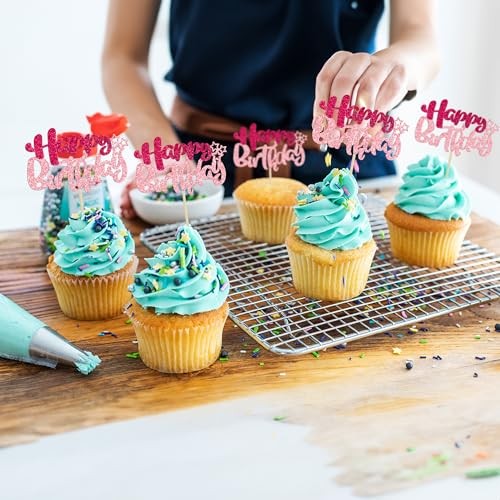 Ephlyn 24Pcs Happy Birthday Cupcake Toppers Double Layer Rose Red Pink Style 1