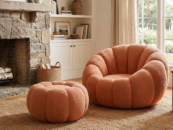 Pumpkin Shape Lounge Chair & Footstool - Brown