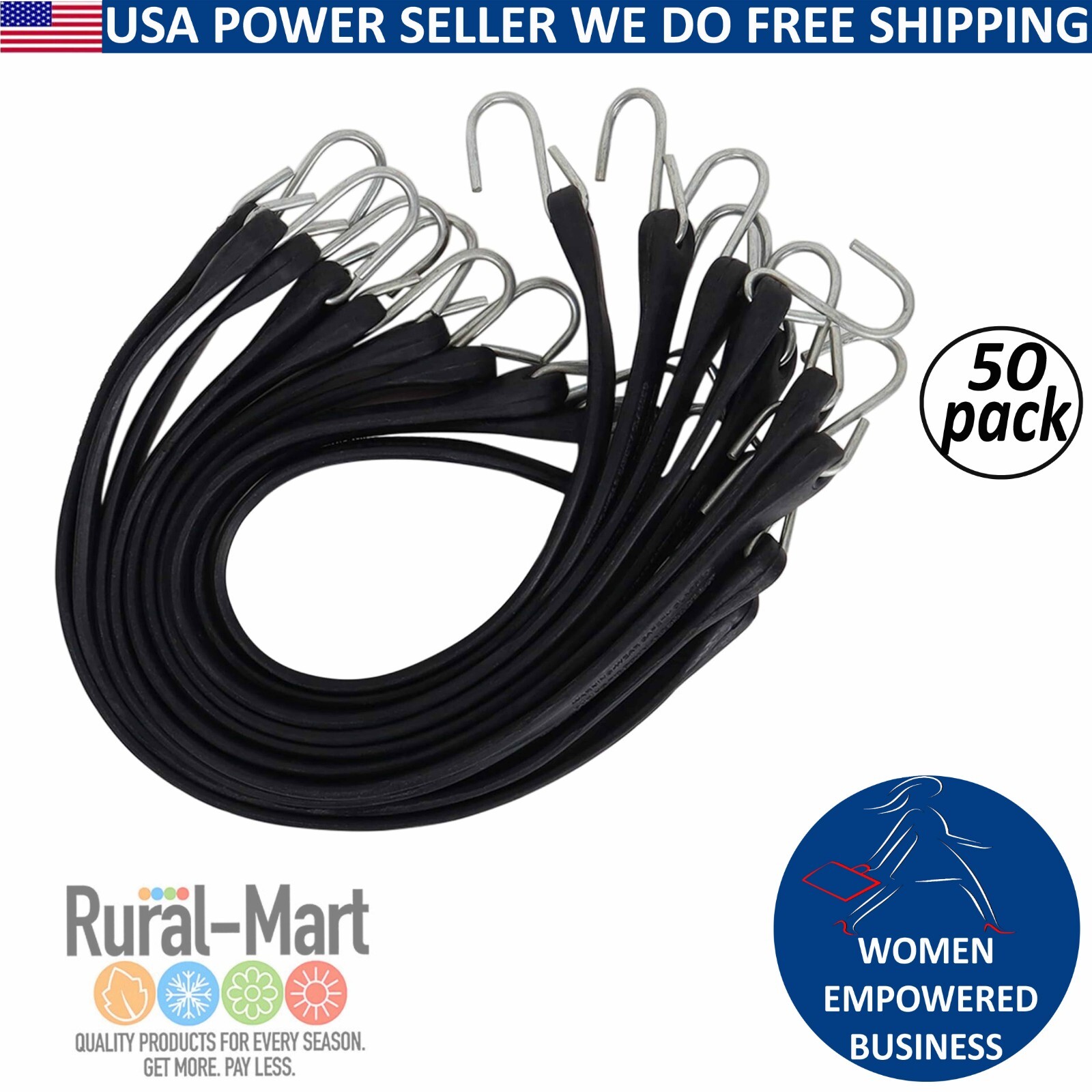 50 Pack 15" Bungee Cords – Tarp Tie-Downs – HD Natural Rubber with Metal Hooks