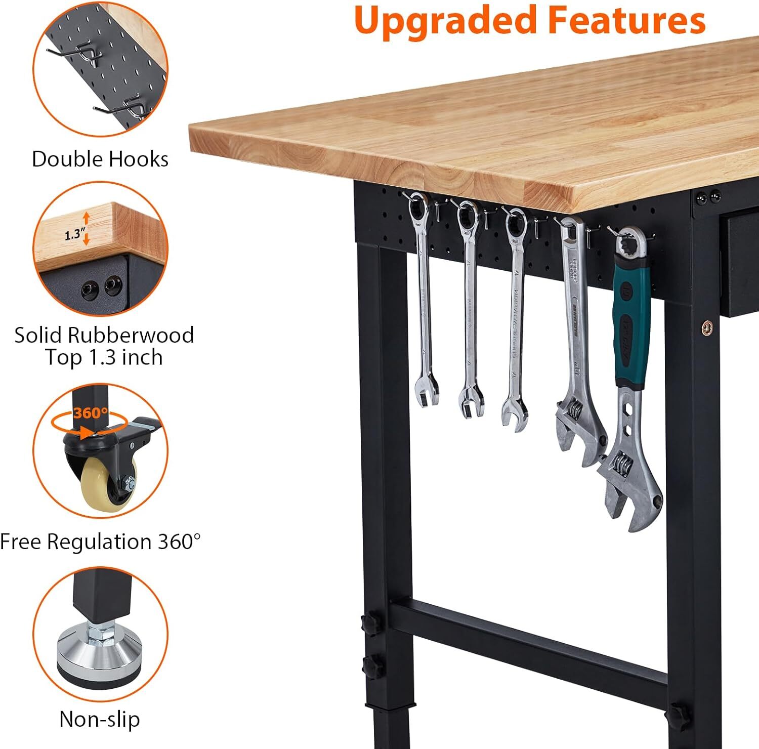 60" Adjustable Workbench with Drawer Storage, Adjustable Height Worktable Wood