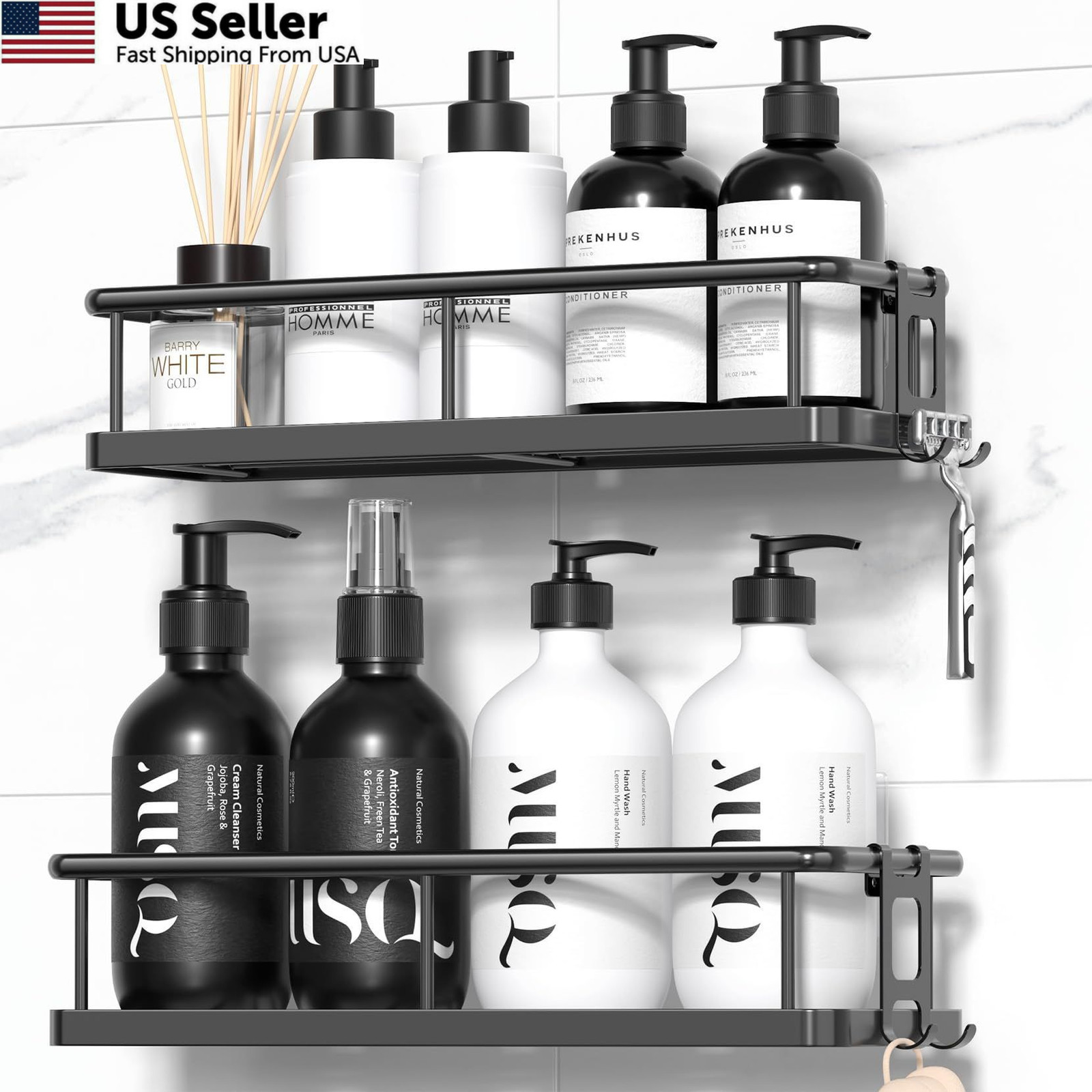 YASONIC Shower Caddy Adhesive, Rustproof Shelves for 2 Pack, Black