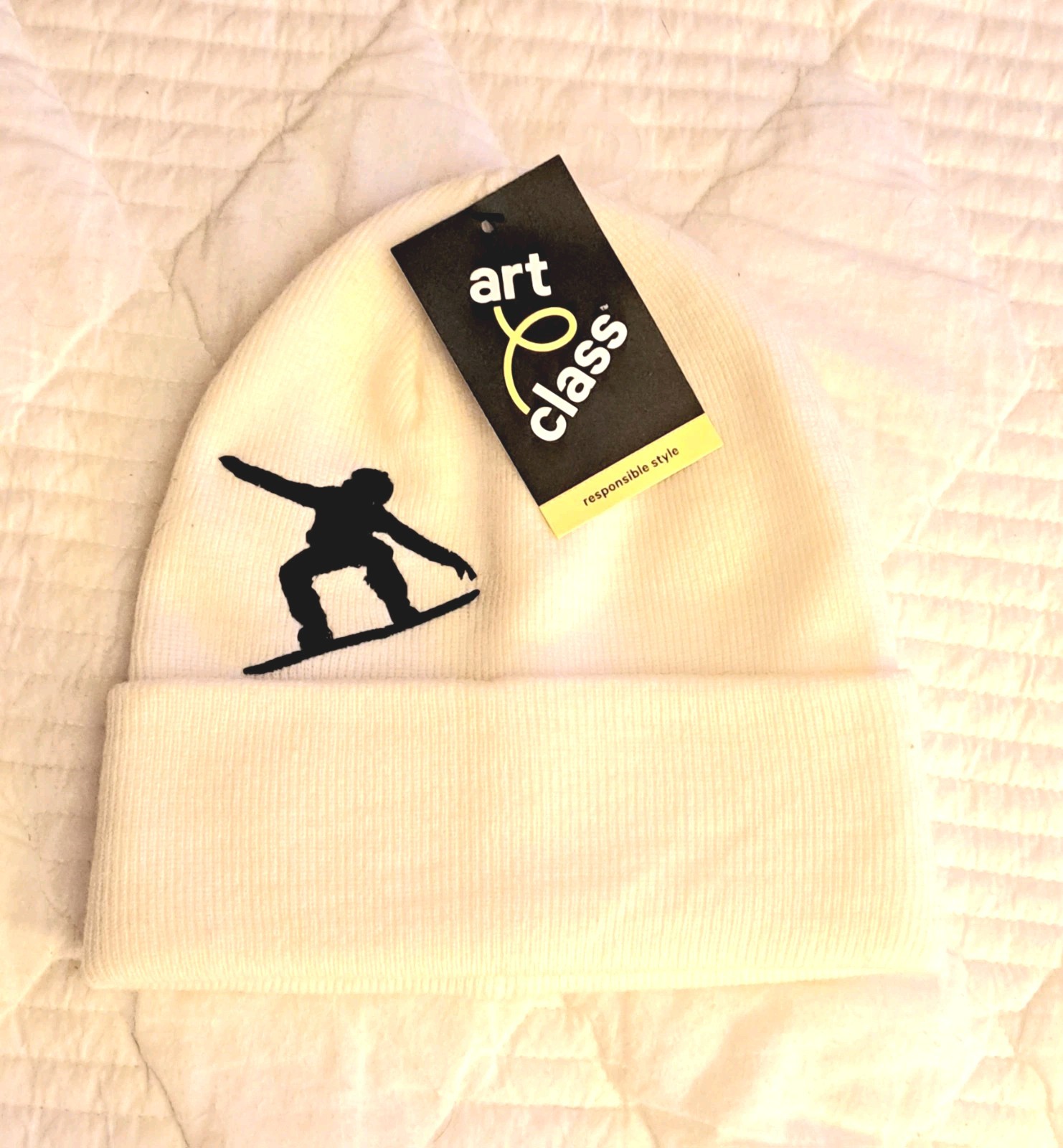 Art Class Cream Beenie Hat With  Snow Boarder Double Thickness W Cuff NEW W Tag