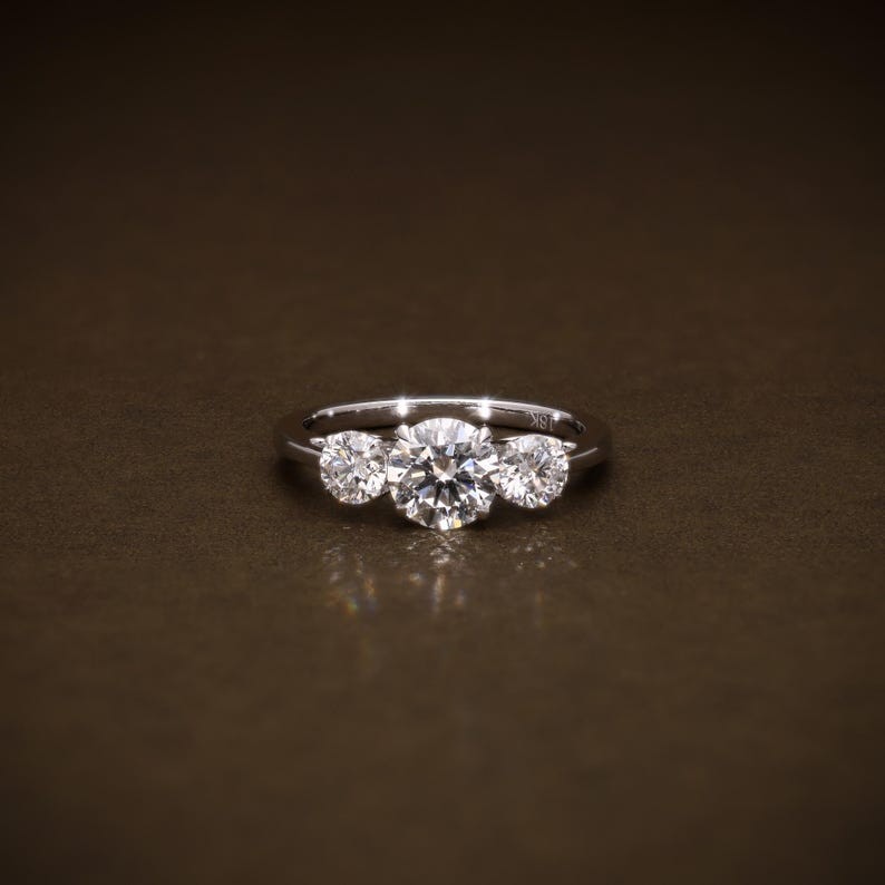Round Brilliant Cut Moissanite Three Stone 14K Gold Engagement Ring For Her