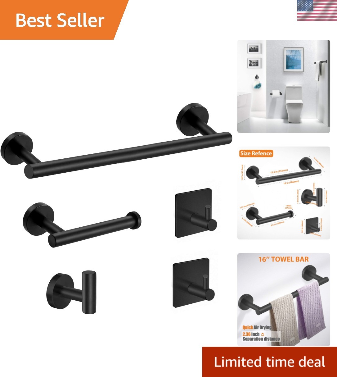 Bathroom Hardware Set 5 Pieces Matte Black Stainless Steel Wall Mount Towel Bar