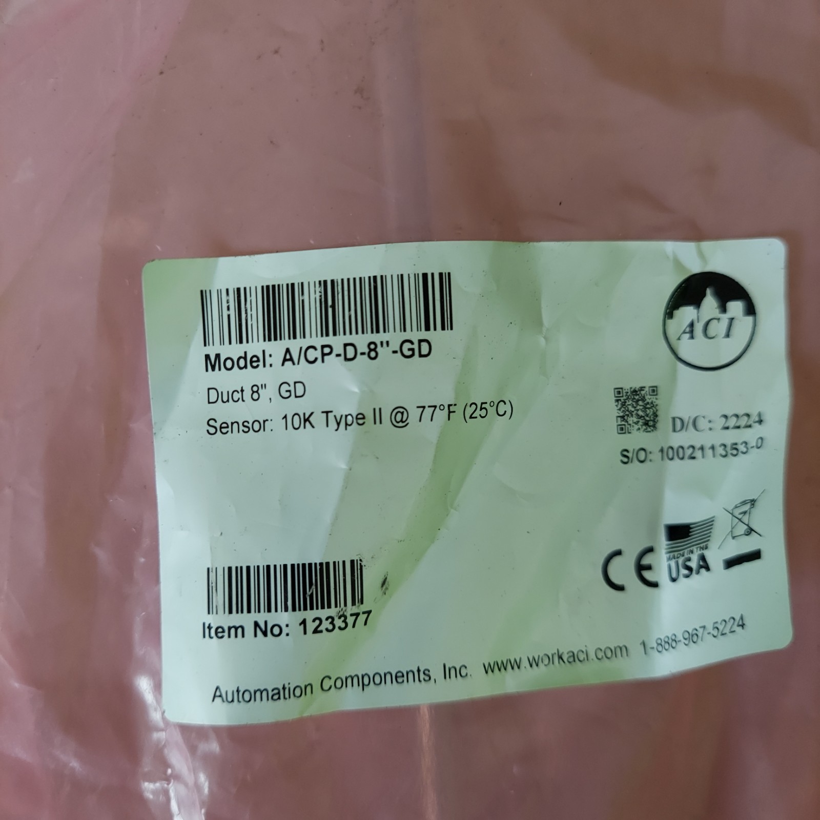 Automation Components Type 2 Duct Point Temperature Sensor 10k Ohm A/CP-D-8"-GD