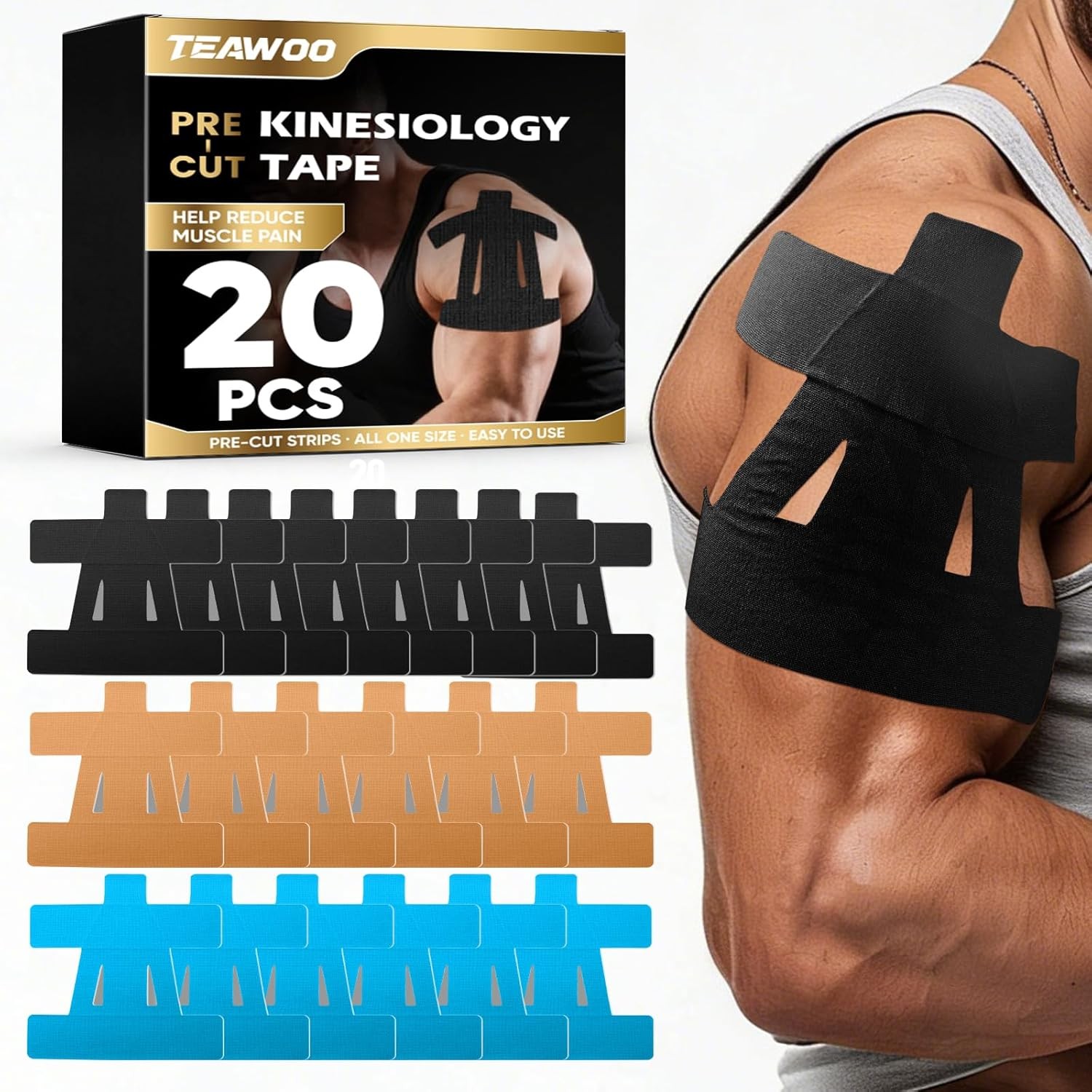 Precut Kinesiology Tape for Shoulder (20 Pcs) – Waterproof Breathable Athleti,