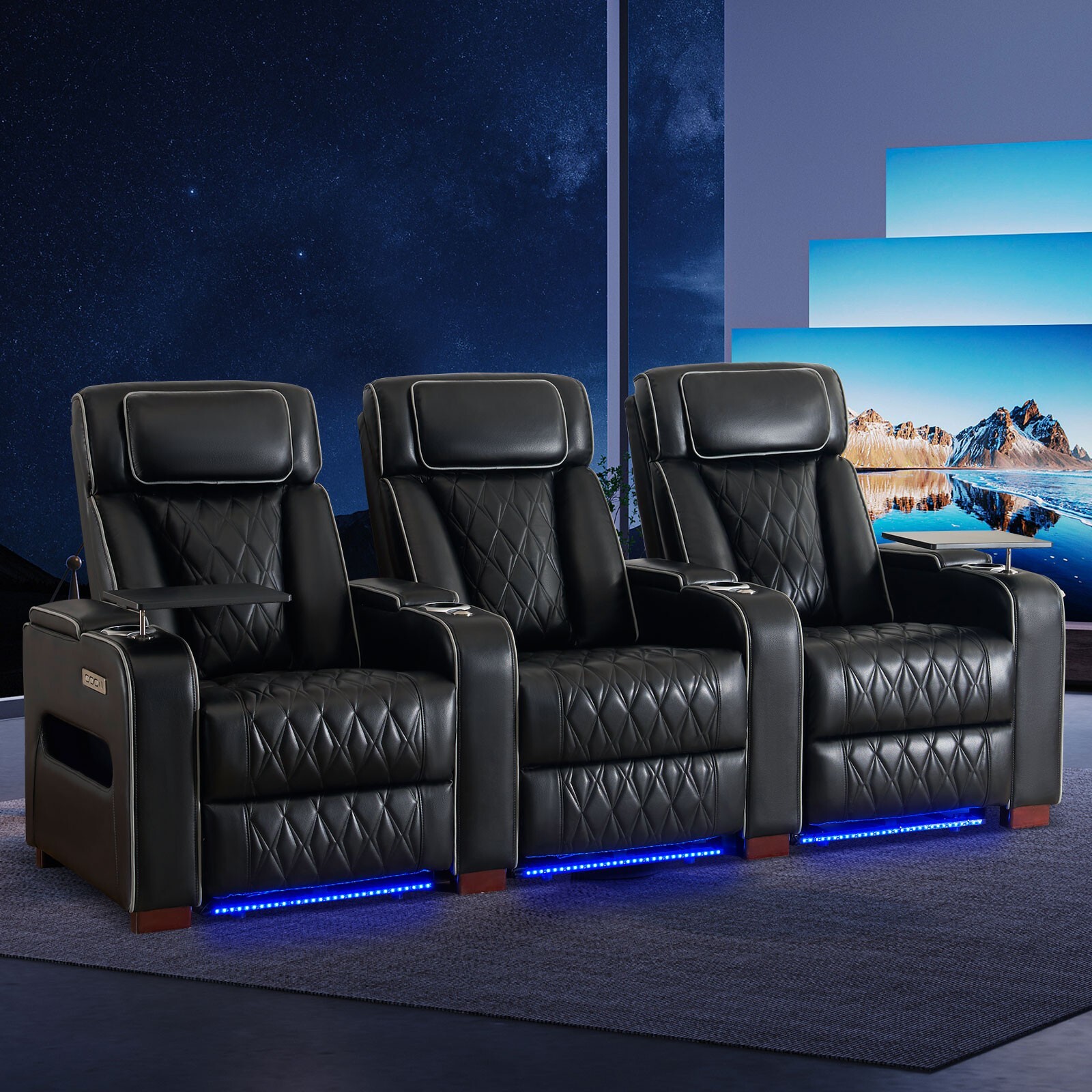 Home Theater Seating Power Recline Sofa With Powered Headrests, Table