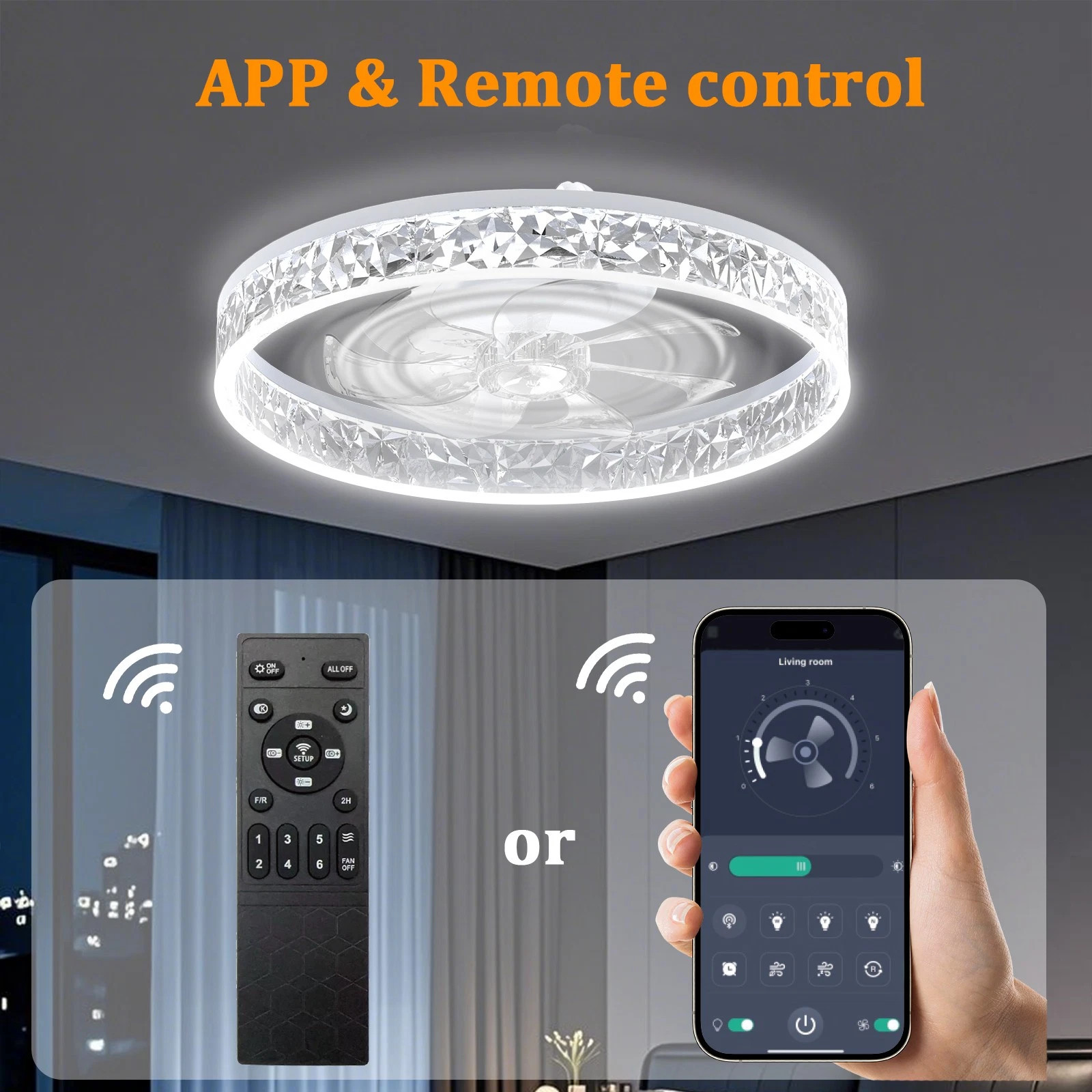 20" Modern Fan Lights Flush Mount LED Ceiling Light kits W/ Remote APP Control,m