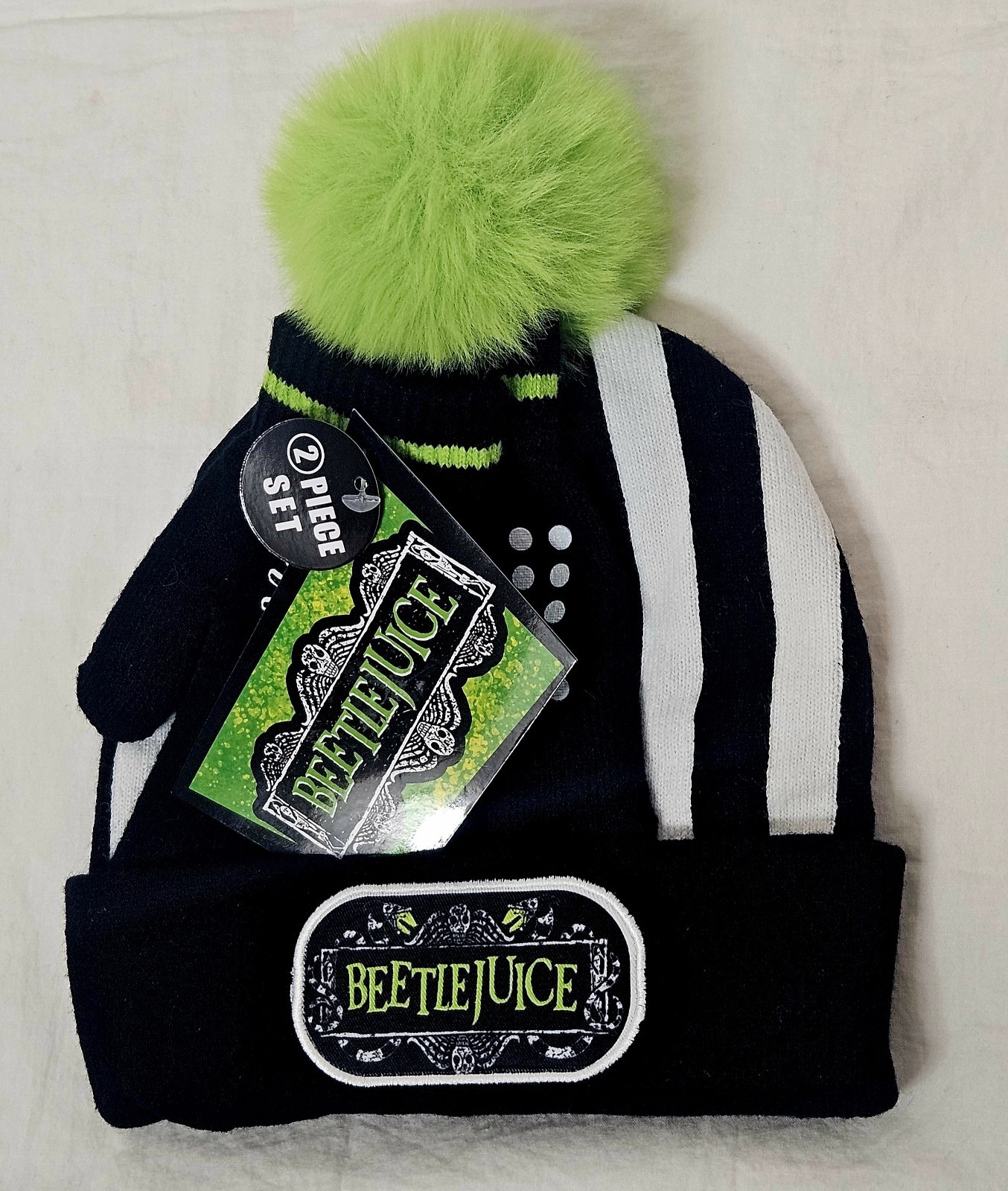 NWT Beetlejuice Boys Beanie Hat with Pom and Gloves Nickelodeon 2-Piece Set