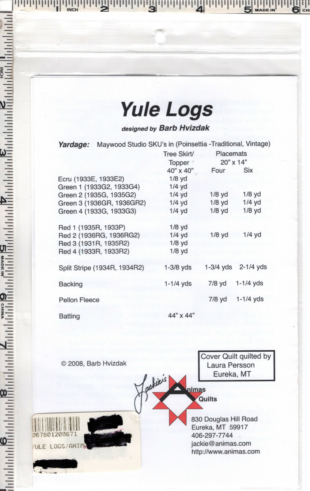 "Yule Logs" ©2008 Jackie's Animas Quilts Pattern/Instruction Pack AQP-67 NEW