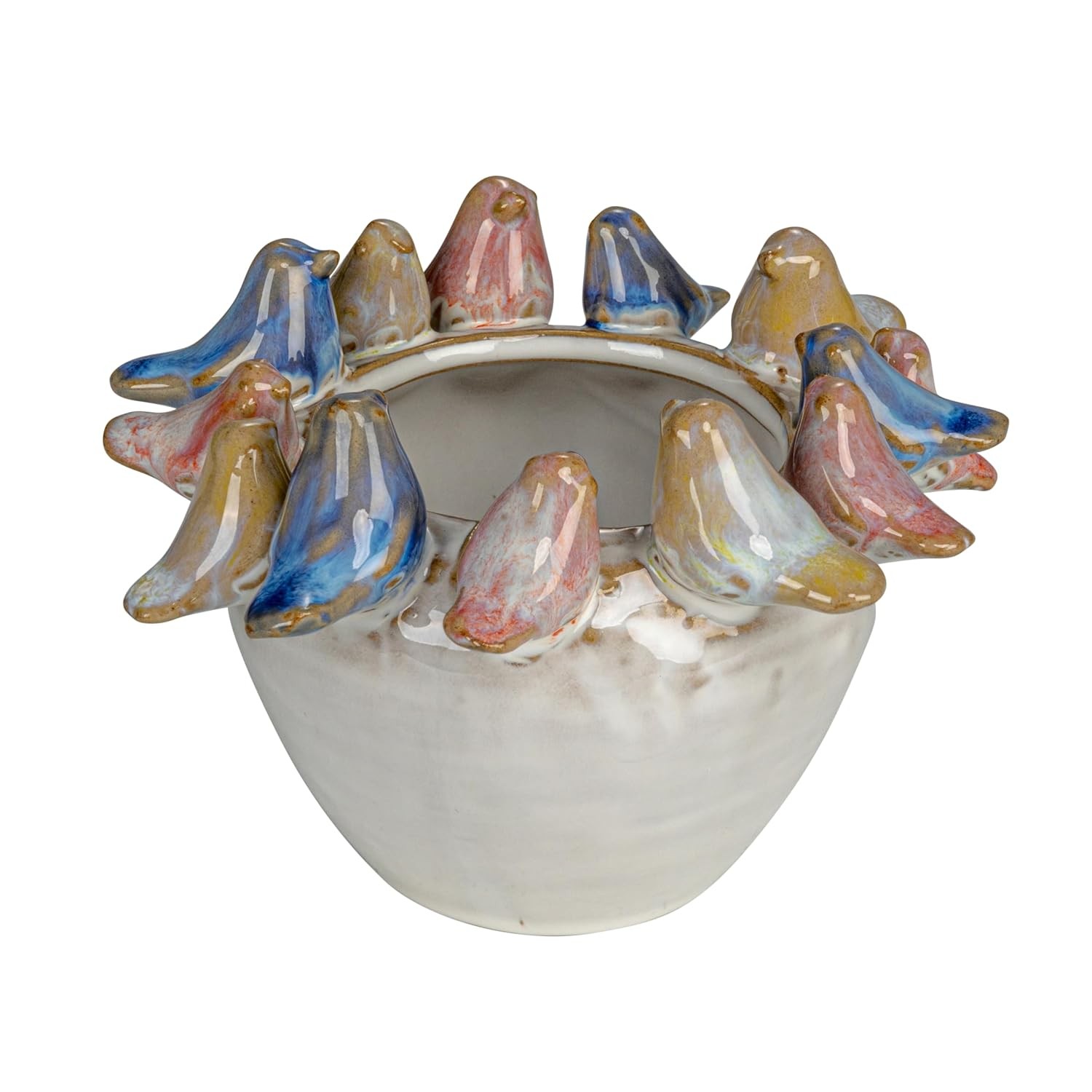 Creative Co-Op Stoneware Planter with Birds on Rim and Reactive Glaze, Multicolo