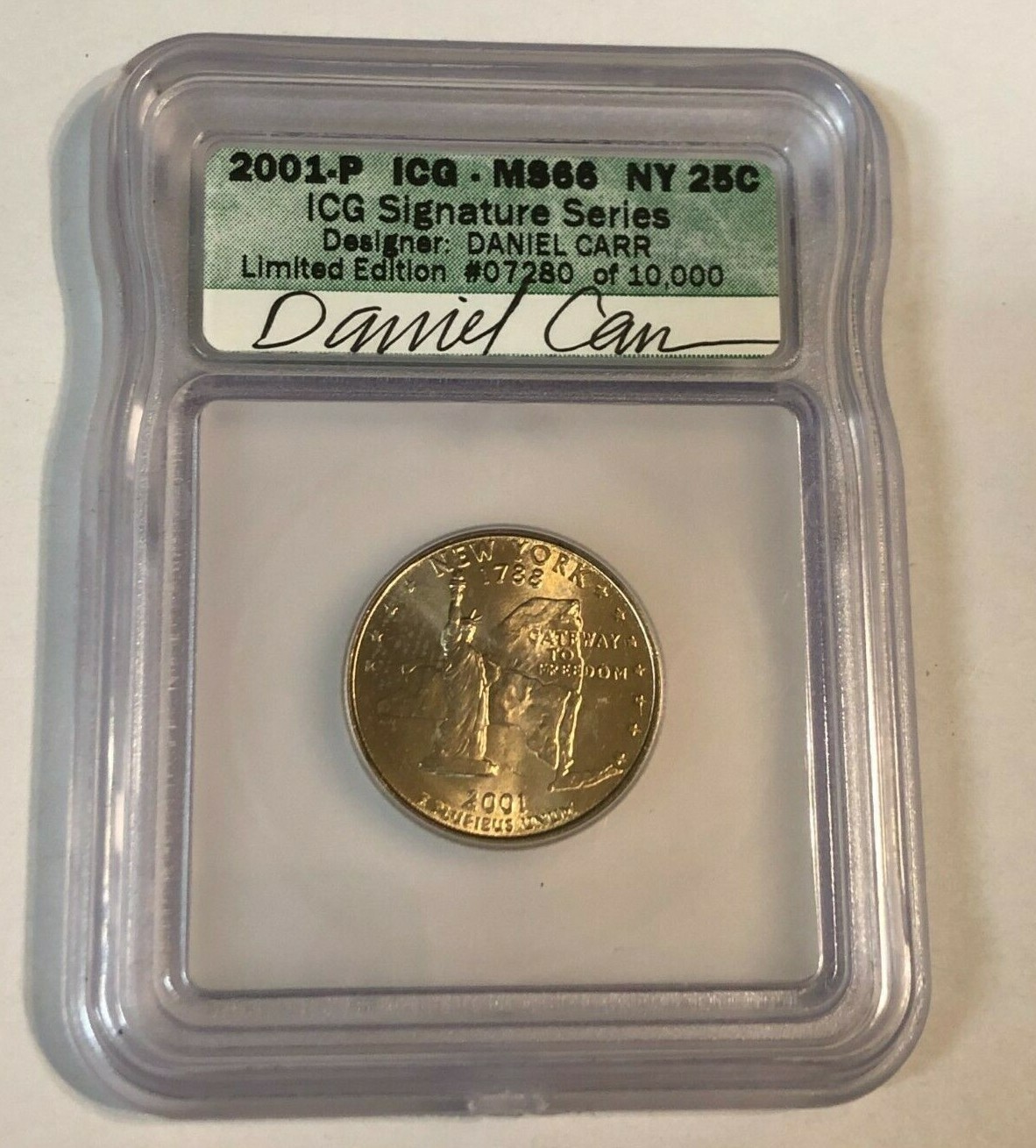 2001-P Limited Edition New York Quarter Coin #07280 Slabbed 25 Cents Daniel Carr