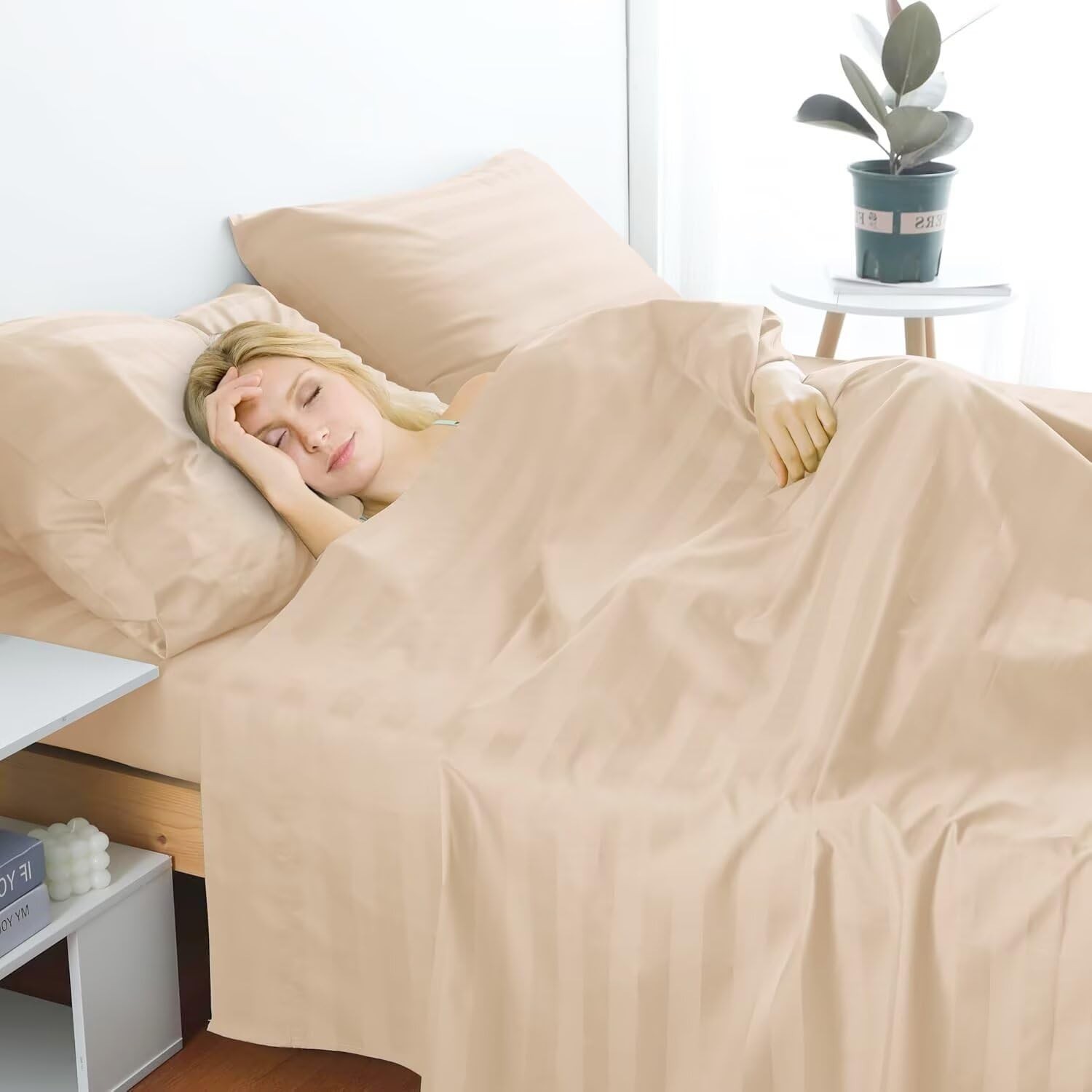 2-Pack TwinXL Flat Sheet 600 Thread Count Egyptian Cotton Striped-Deep Beige