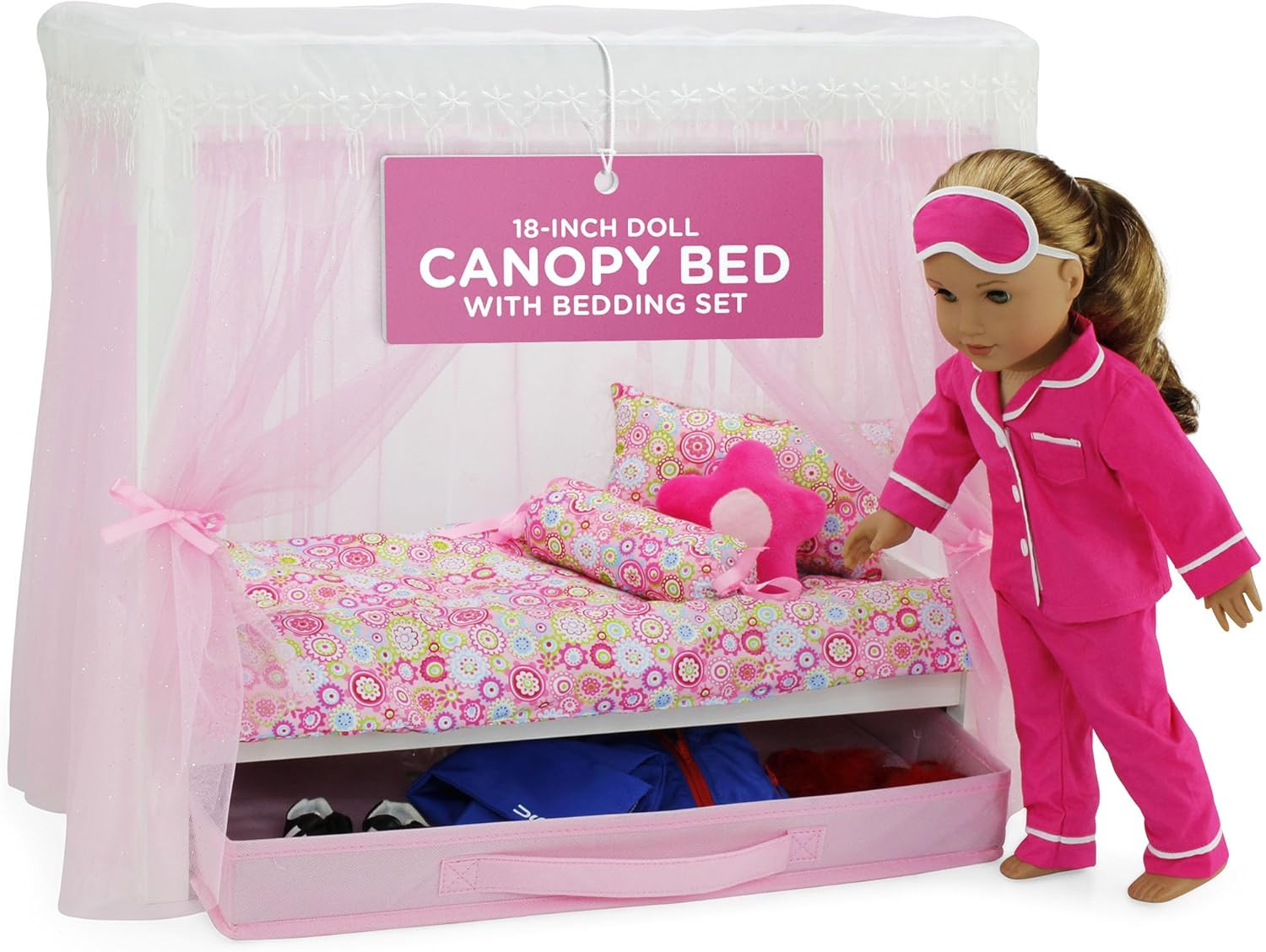 18" Doll Princess Canopy Bed - White Wood with Pink Tulle Curtains, 5-PC Bedding