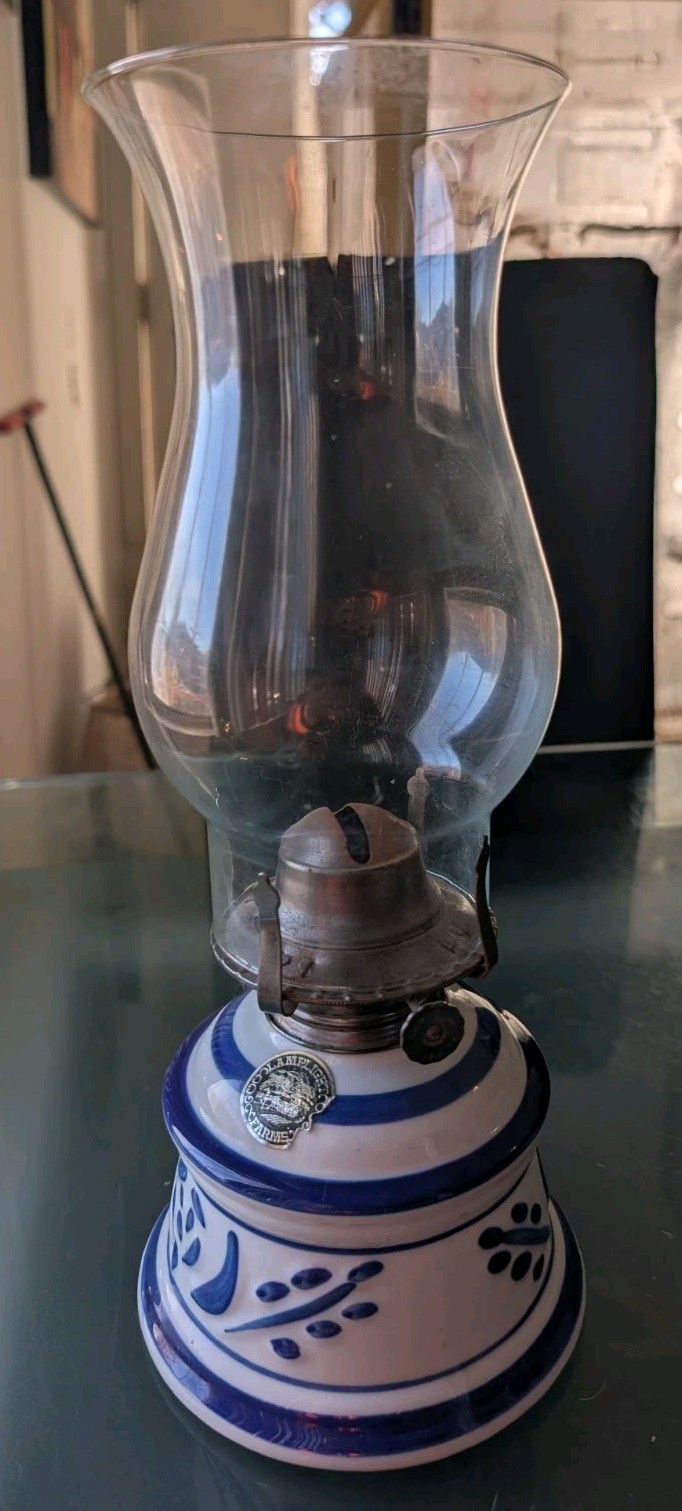 Lamplight Farms Delft Blue & White Floral Design Ceramic Oil Lamp Hurricane