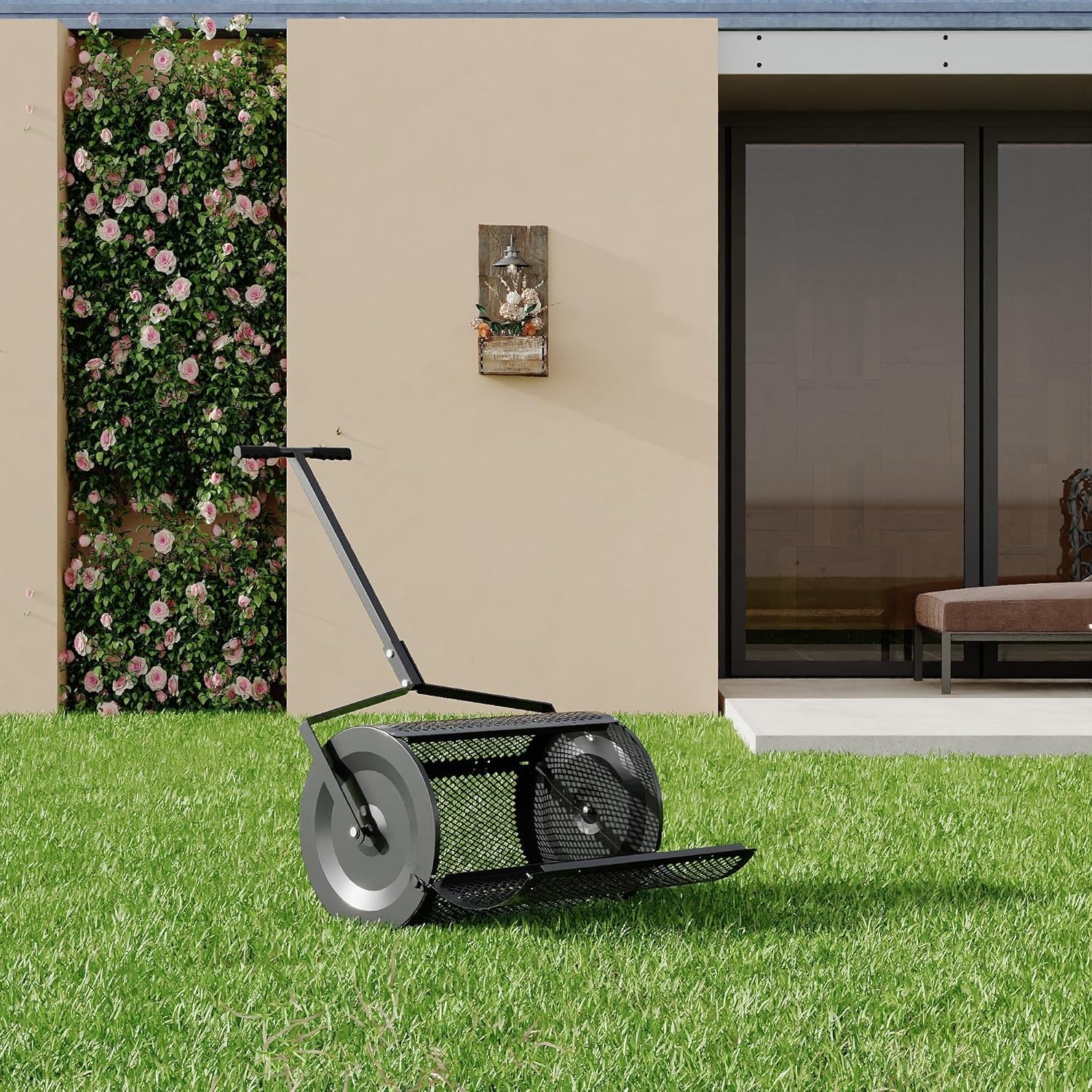 Compost Spreader 24 Inch Fertilizer Peat Moss Roller Lawn Garden Mansure Soil