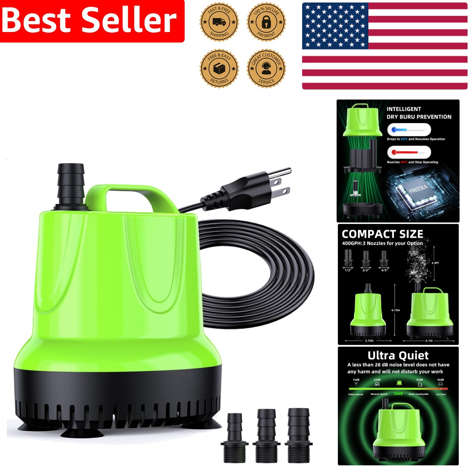 Quiet Fountain Pump 330 GPH 25W Submersible Aquarium Pond Fish Tank Hydroponic
