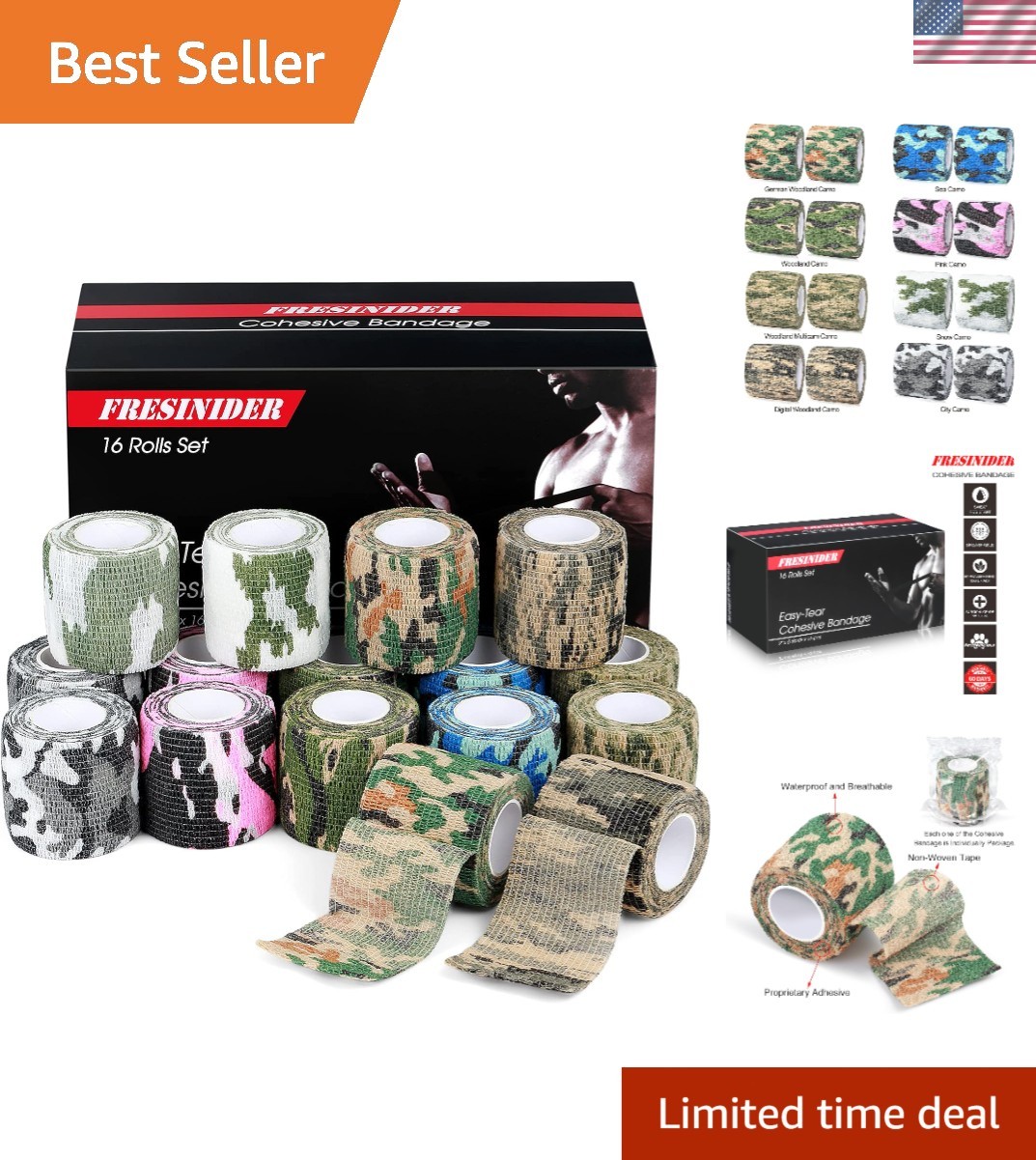 Self Adhesive Bandages Camo Athletic Tape Gauze Sports Injury Pet Wrap 16 Rolls