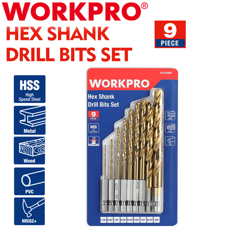 WORKPRO 1/4" Hex Shank Drill Bit Set Titanium Plating HSS Drill Bits 1/16"- 3/8"