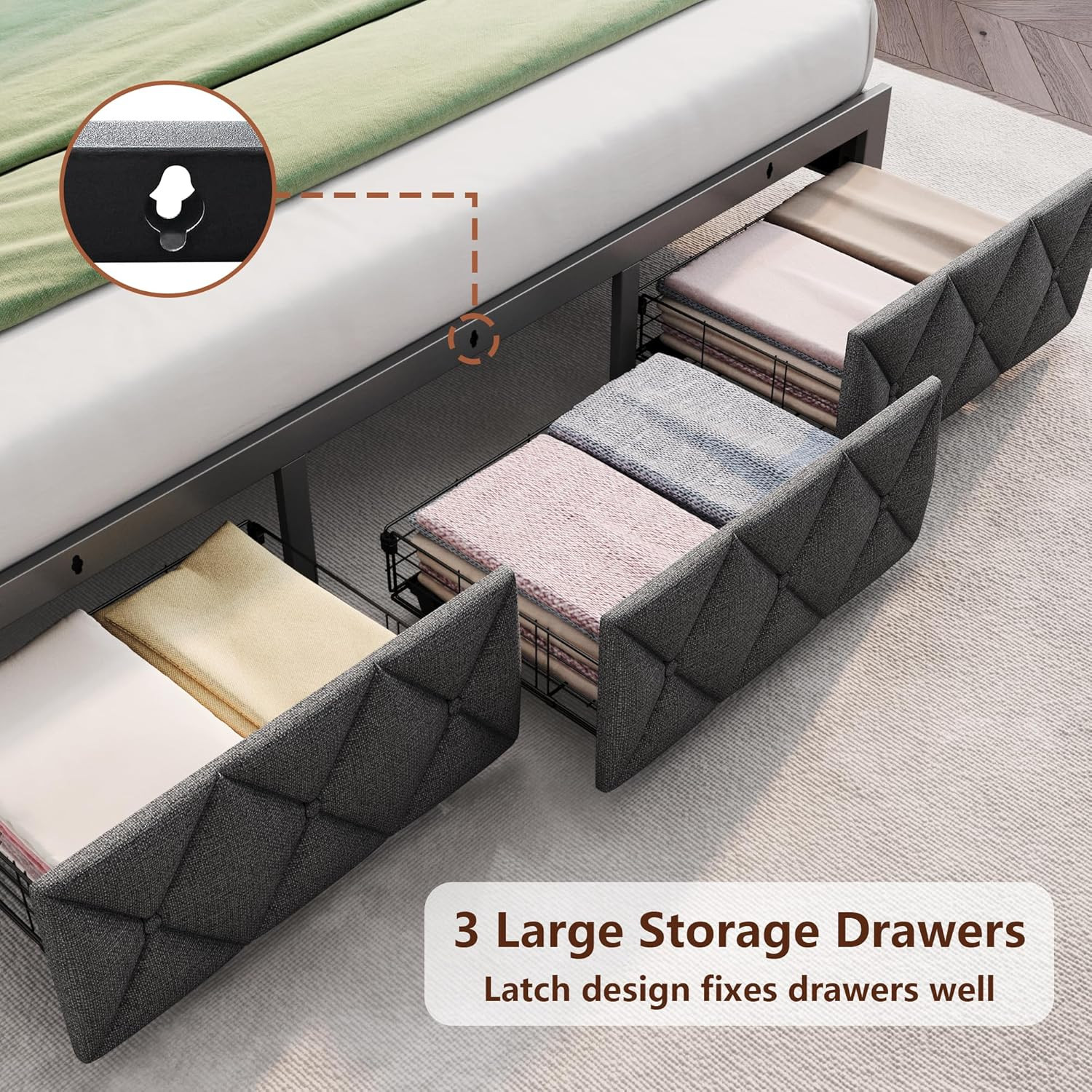 King Size Bed Frame with 3 Storage Drawers, Upholstered King Bed Frame with LED