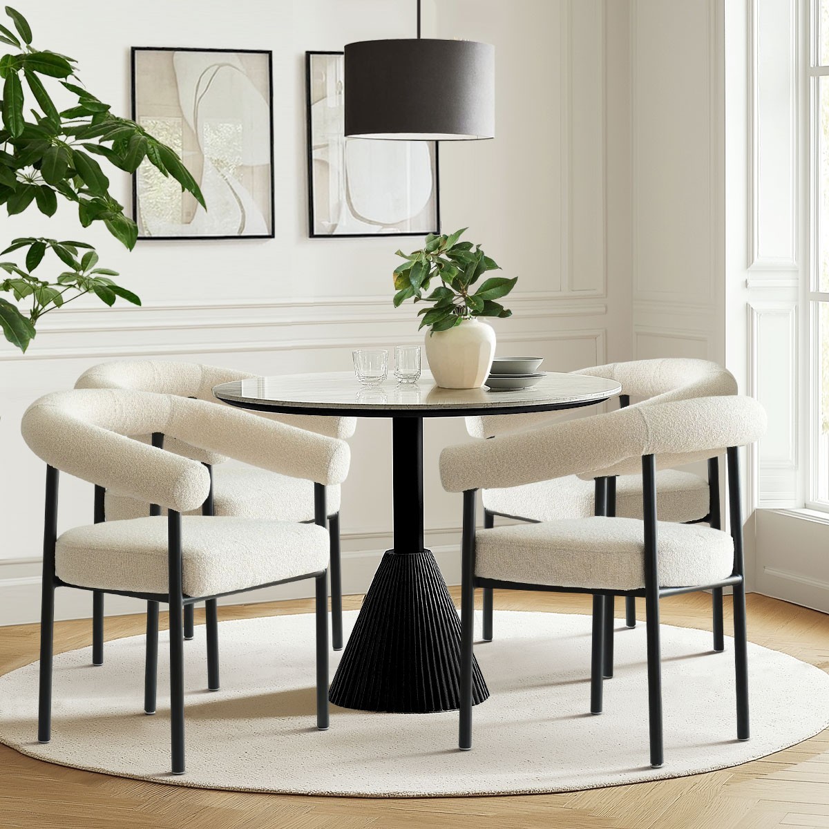 Set of 2 Modern Boucle Upholstered Dining Chairs Curved Tub Armrest Matte Beige