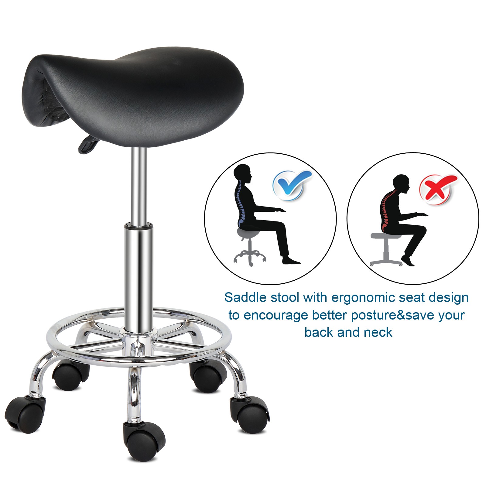 360° Swivel Bar Stool, Black PU Leather, 5 Casters, 20-25.6" Height Adjustable